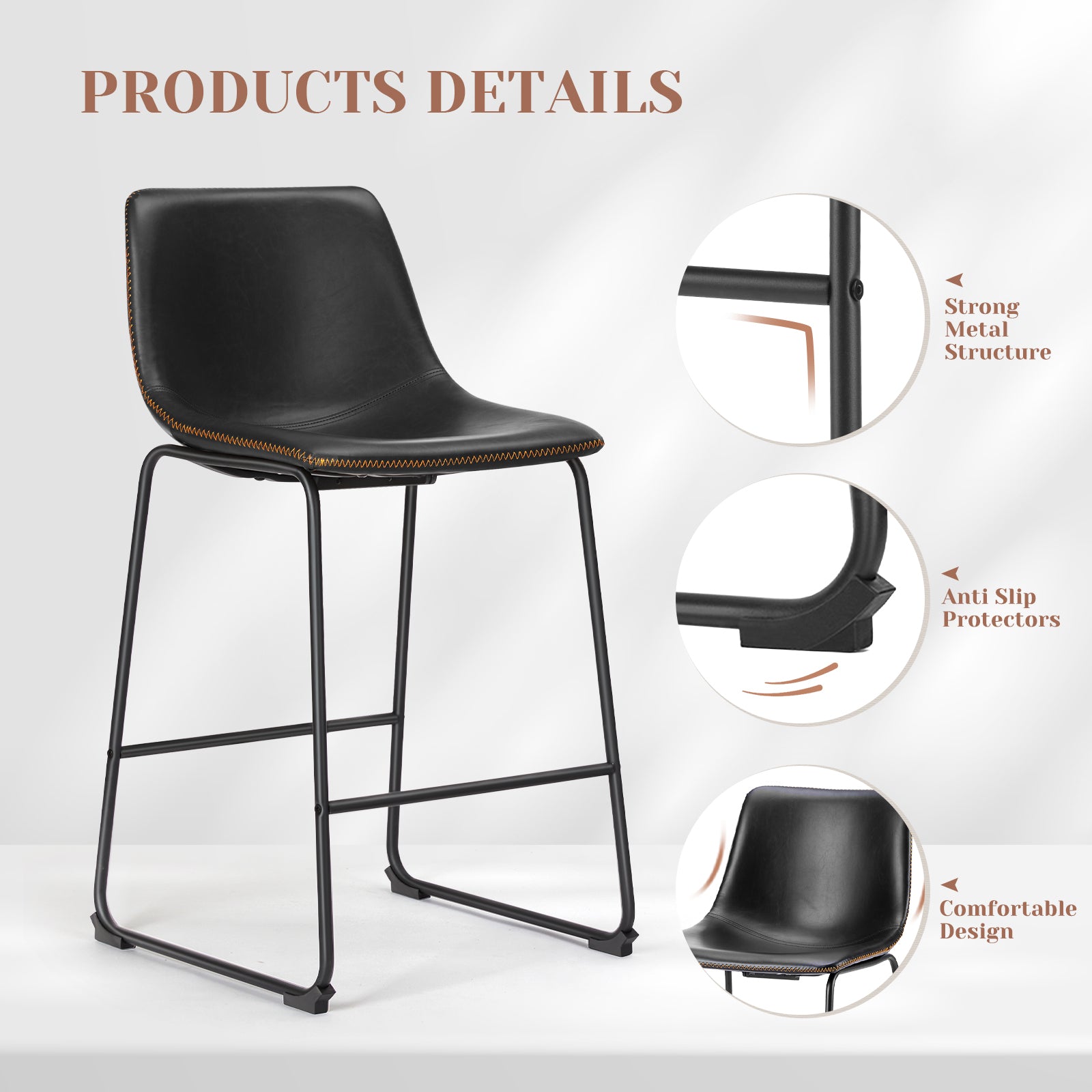 Sweetcrispy 26 Inch Counter Height Bar Stools Set Of 2 Leather Barstool With Back And Metal Leg Modern Bar Stools For Kitchen Island Pub Living Room Black Pu
