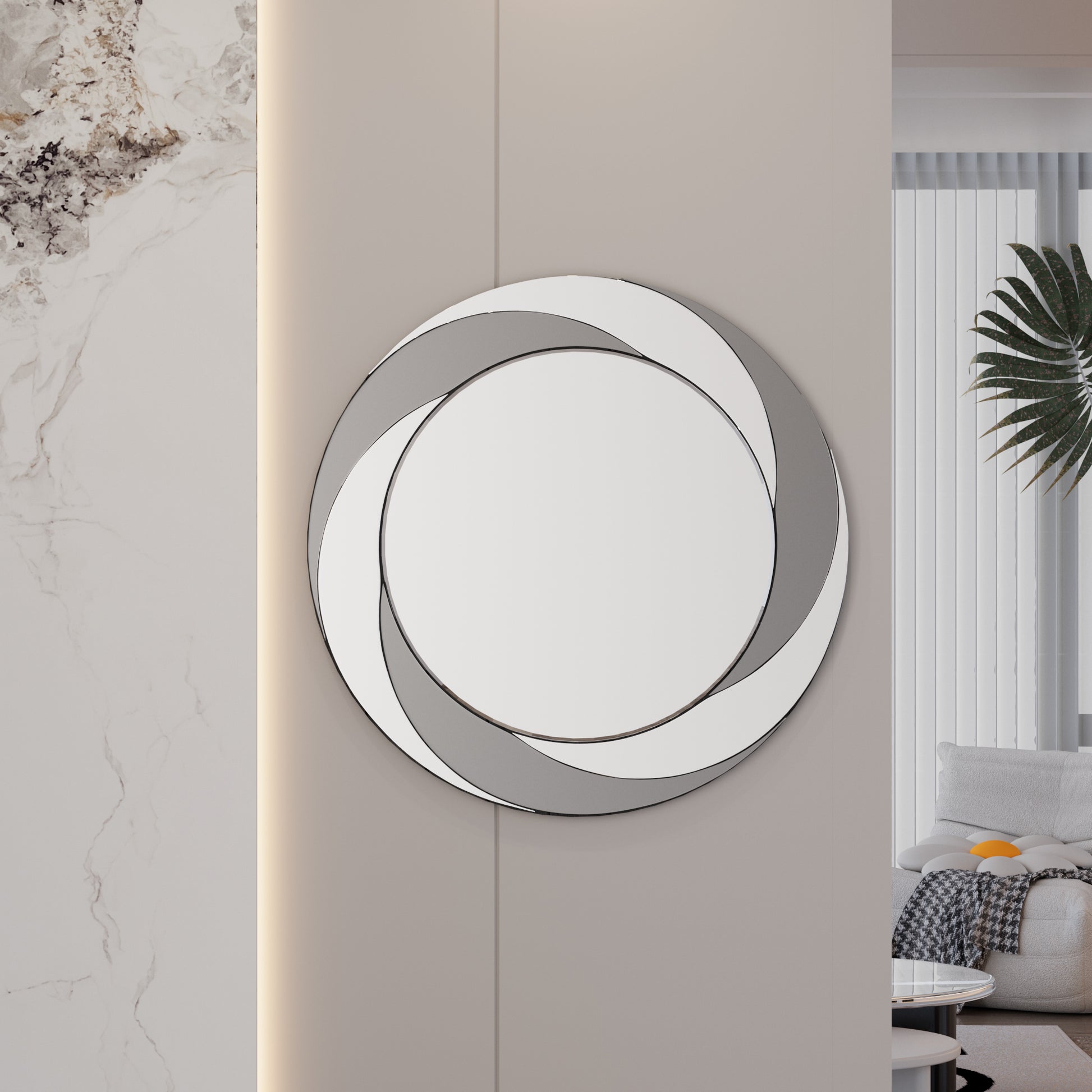 24 Inch Wall Mounted Silver Decorative Round Wall Mirror For Home, Living Room, Bedroom, Entryway Silver Grey Mdf Glass