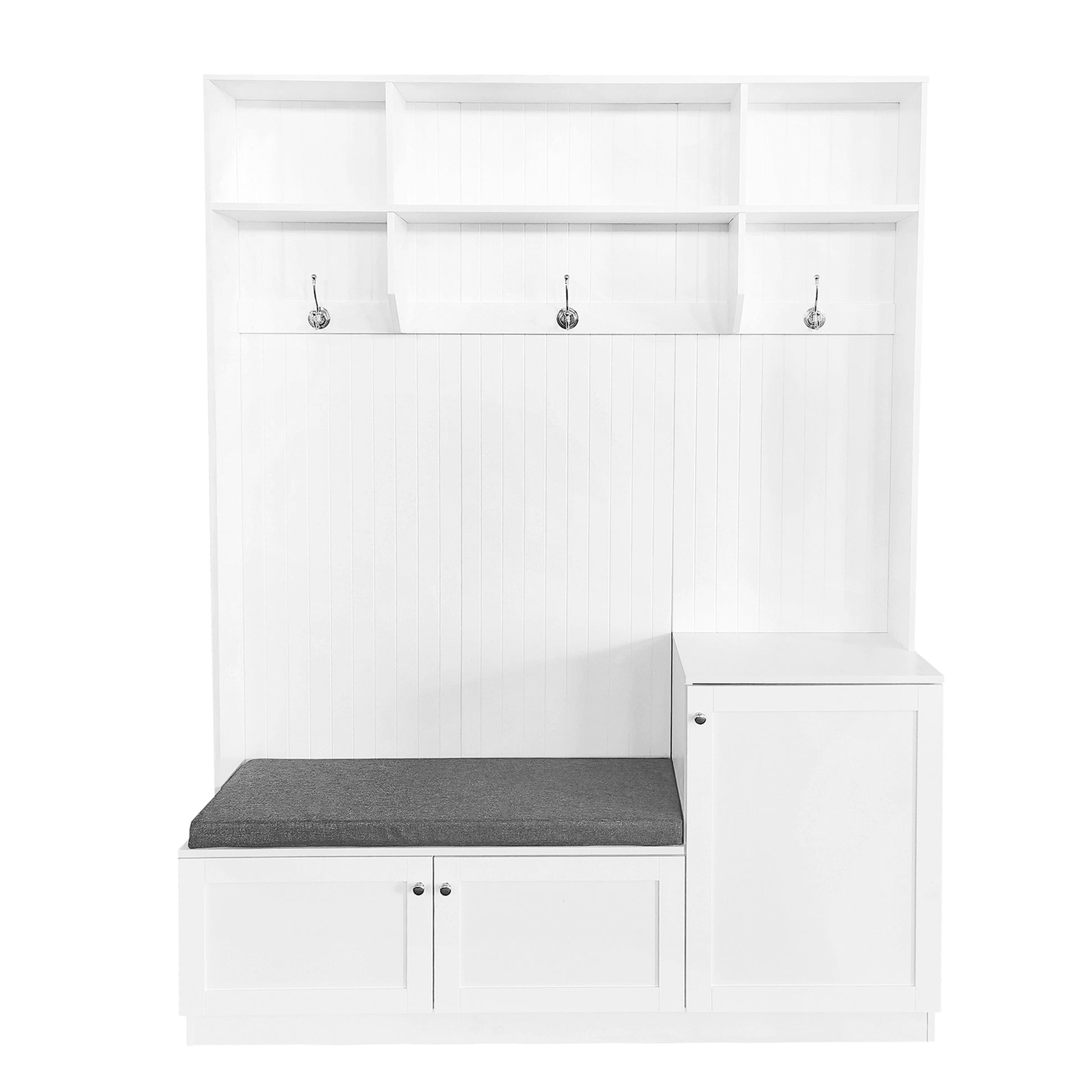 Elegant Design Hall Tree With Comfort And Storage Solutions, Functional Hallway Shoe Cabinet With Bench&Cushion, Modern Coat Rack With Hooks For Entryways, White Cushioned White Primary Living Space Mdf