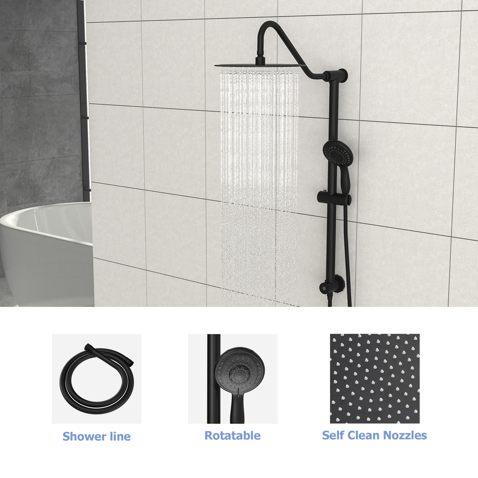 10 Inch Shower System With 5 Function Rain Hand Shower, 26.3" Slide Bar Shower Head Combo, Matte Black Matte Black Metal