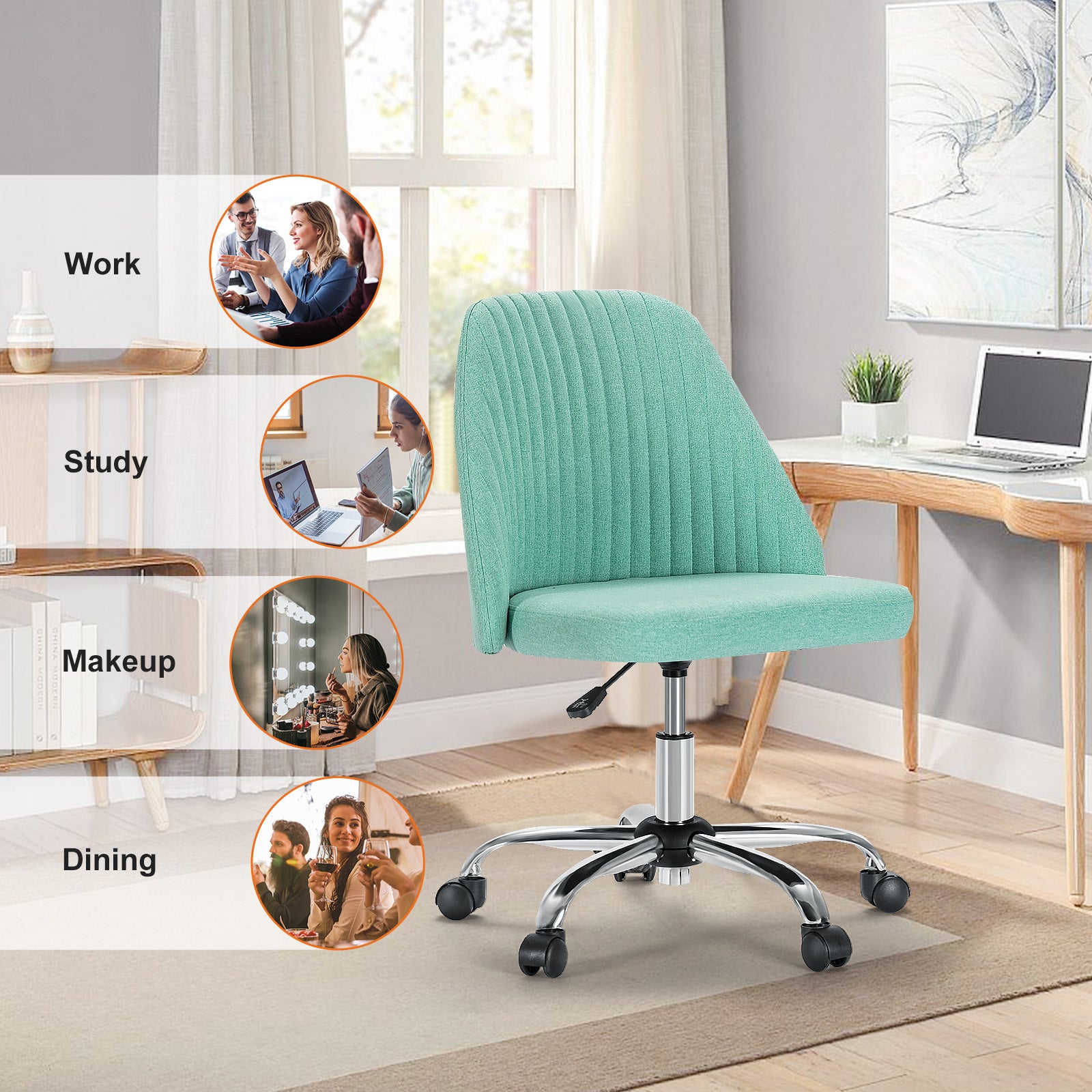 Sweetcrispy Armless Home Office Desk Chair With Wheels Adjustable Swivel Task Computer Vanity Chair For Small Spaces Green Fabric