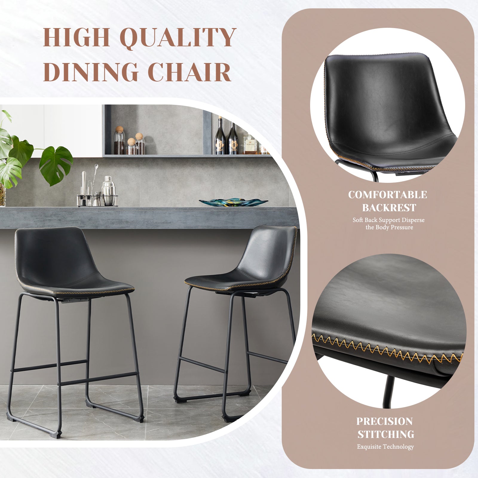 Sweetcrispy 26 Inch Counter Height Bar Stools Set Of 2 Leather Barstool With Back And Metal Leg Modern Bar Stools For Kitchen Island Pub Living Room Black Pu