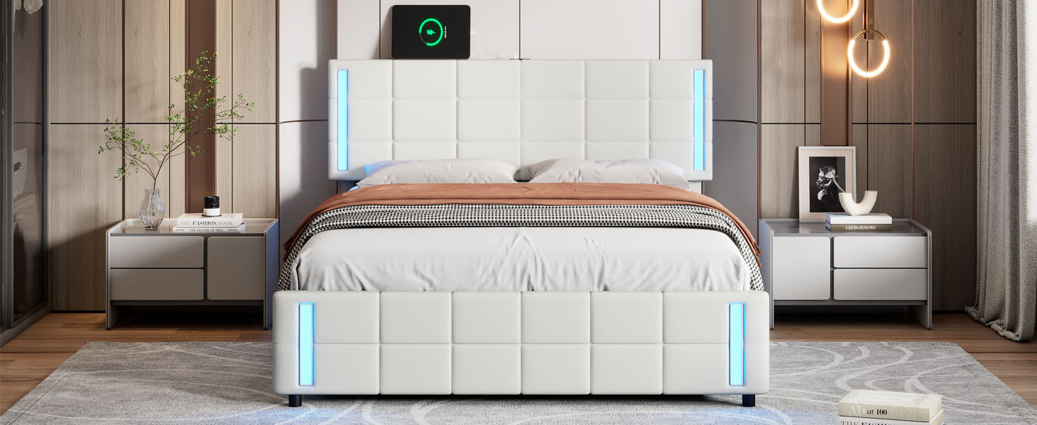 Queen Size Upholstered Platform Bed With Led Lights And Usb Charging, Storage Bed With 4 Drawers, White White Pu