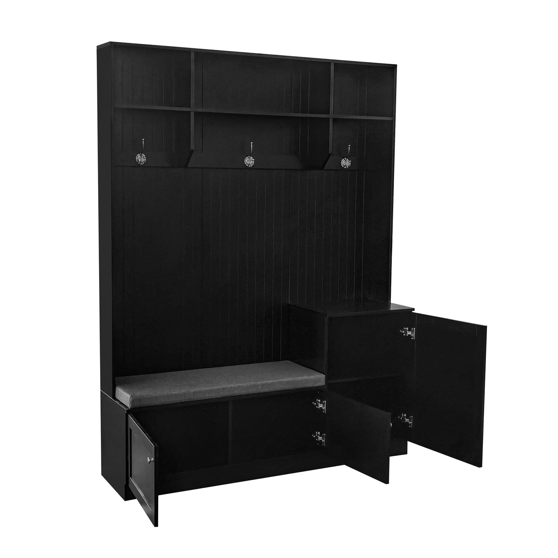 Elegant Design Hall Tree With Comfort And Storage Solutions, Functional Hallway Shoe Cabinet With Bench&Cushion, Modern Coat Rack With Hooks For Entryways, Black Cushioned Black Primary Living Space Mdf