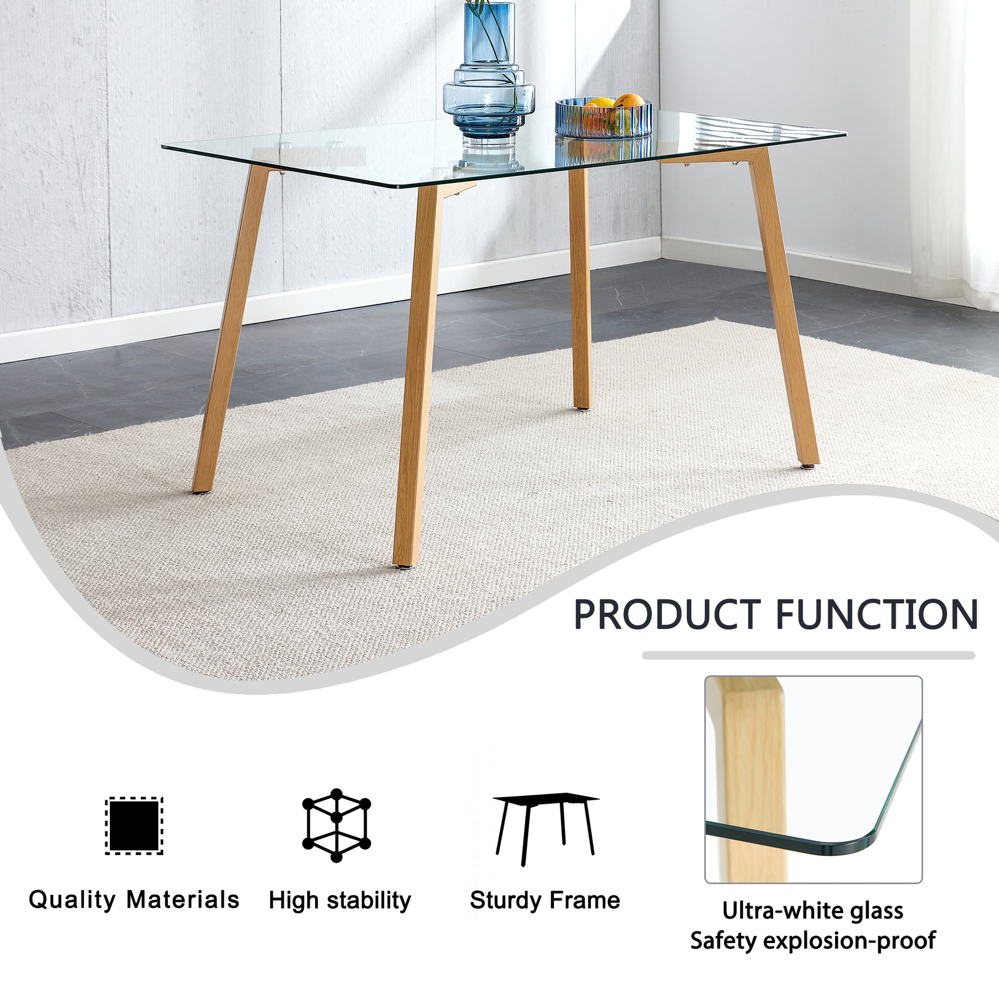 Glass Dining Table Modern Minimalist Rectangular For 4 6 With 0.31" Tempered Glass Tabletop And Black Coating Metal Legs, Writing Table Desk, For Kitchen Dining Living Room, 51" W X 31"D X 30" H 1123 Transparent Glass