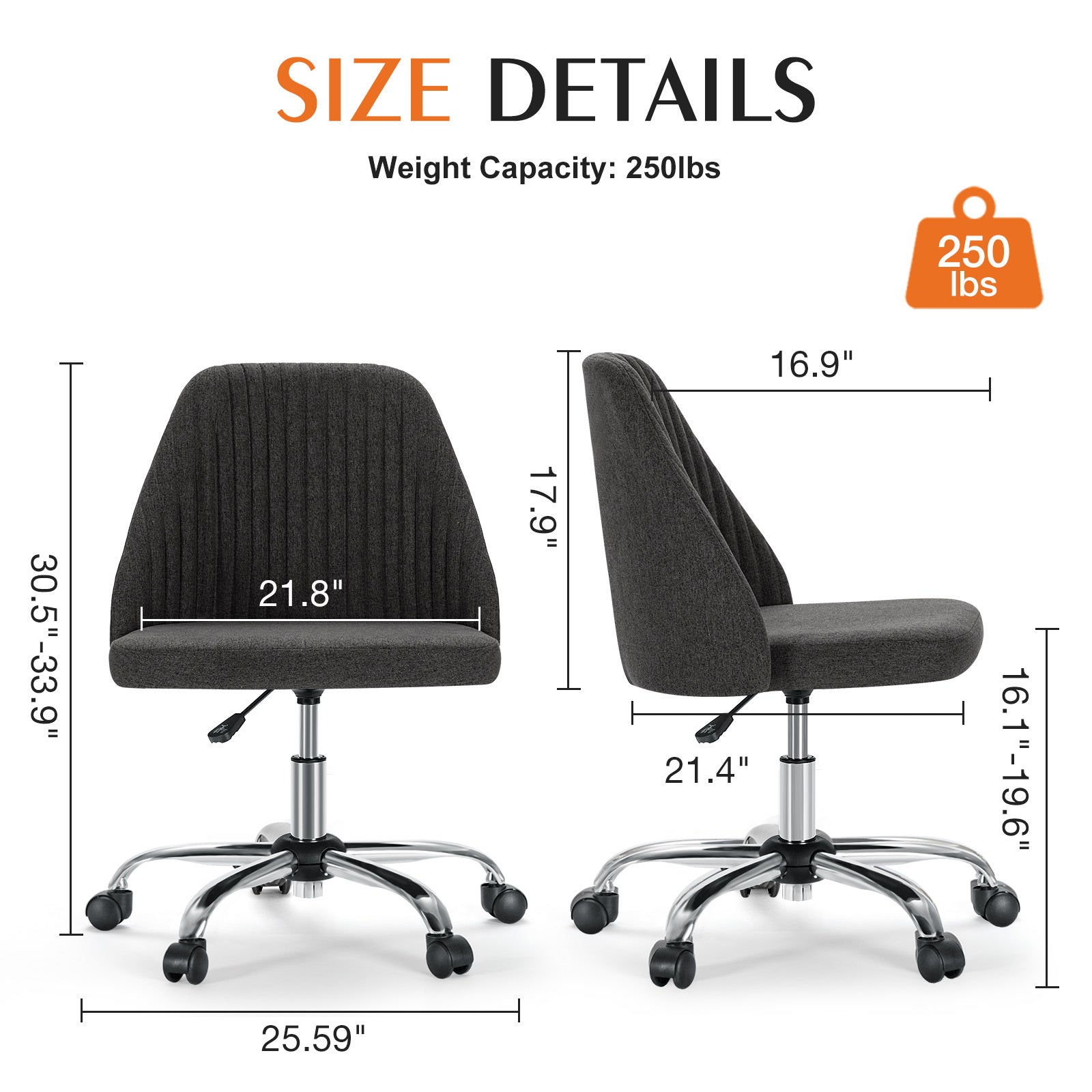 Sweetcrispy Armless Home Office Desk Chair With Wheels Adjustable Swivel Task Computer Vanity Chair For Small Spaces Dark Gray Fabric