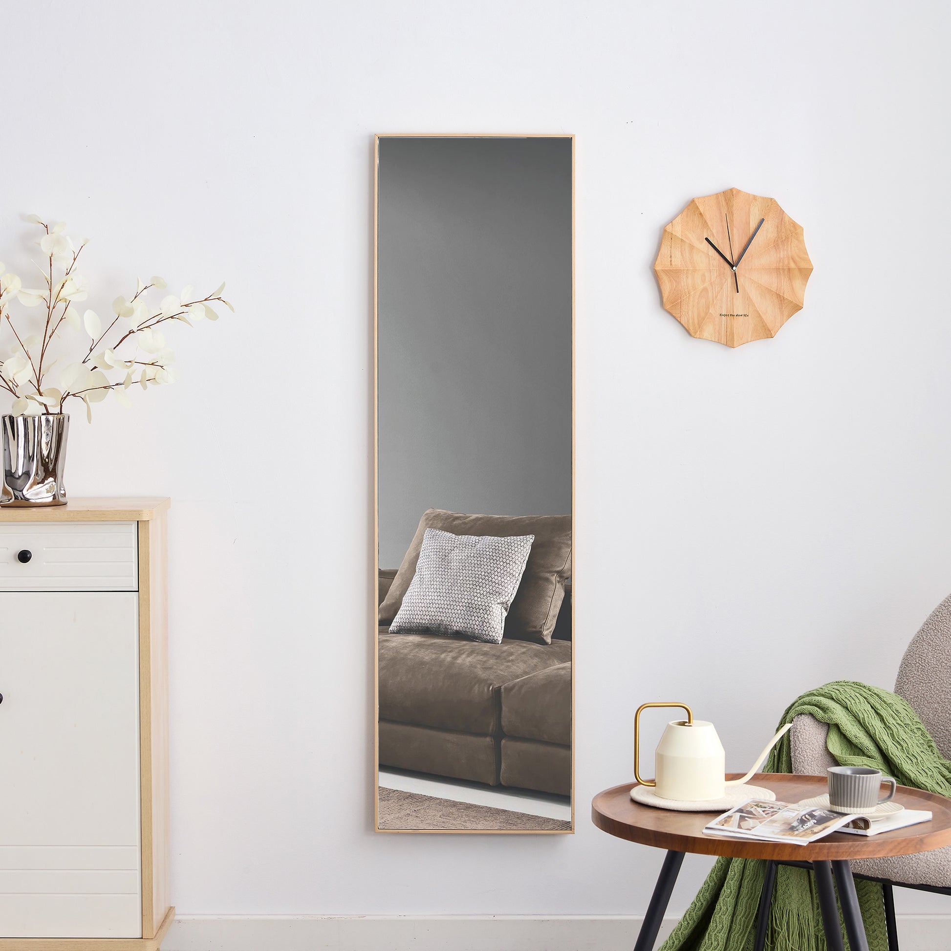 The3Rd Generation Packaging Upgrade Includes A Light Oak Solid Wood Frame Full Length Mirror, Dressing Mirror, Bedroom Entrance, Decorative Mirror, Clothing Store, And Floor Mounted Mirror. 60" *17.3" Light Oak Glass