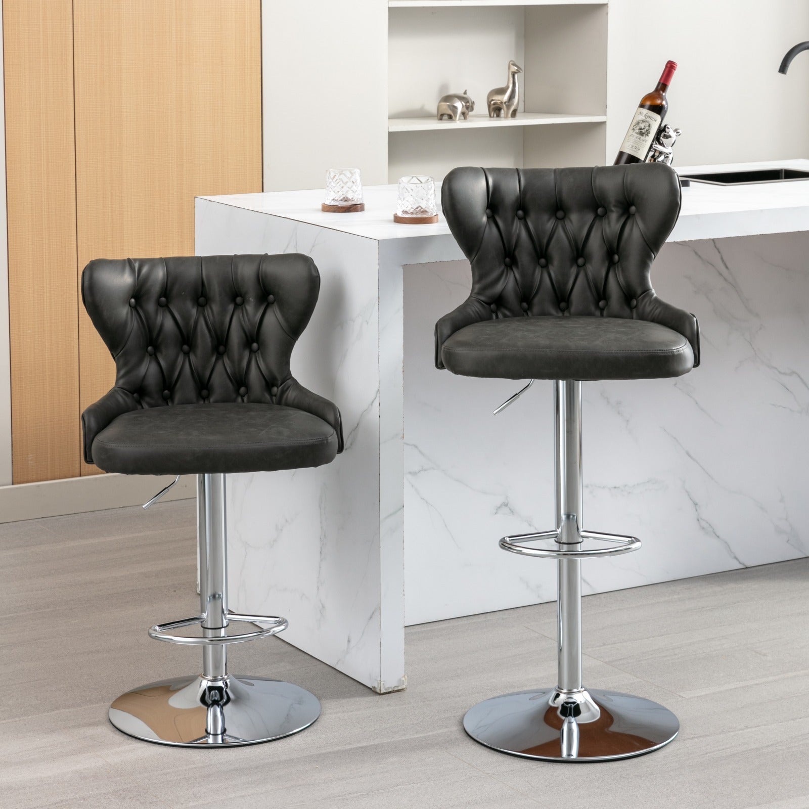 Swivel Pu Barstools Adjusatble Seat Height From 25 33 Inch, Modern Upholstered Chrome Base Bar Stools With Backs Comfortable Tufted For Home Pub And Kitchen Island,Olive Green, Sw1844Gy Gray Dining Room American Design Foam Pu Leather