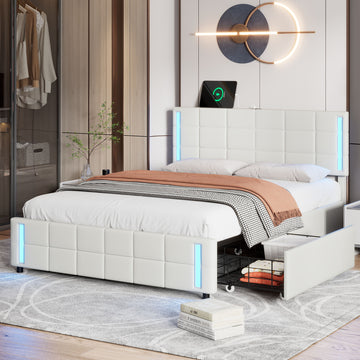 Queen Size Upholstered Platform Bed With Led Lights And Usb Charging, Storage Bed With 4 Drawers, White White Pu