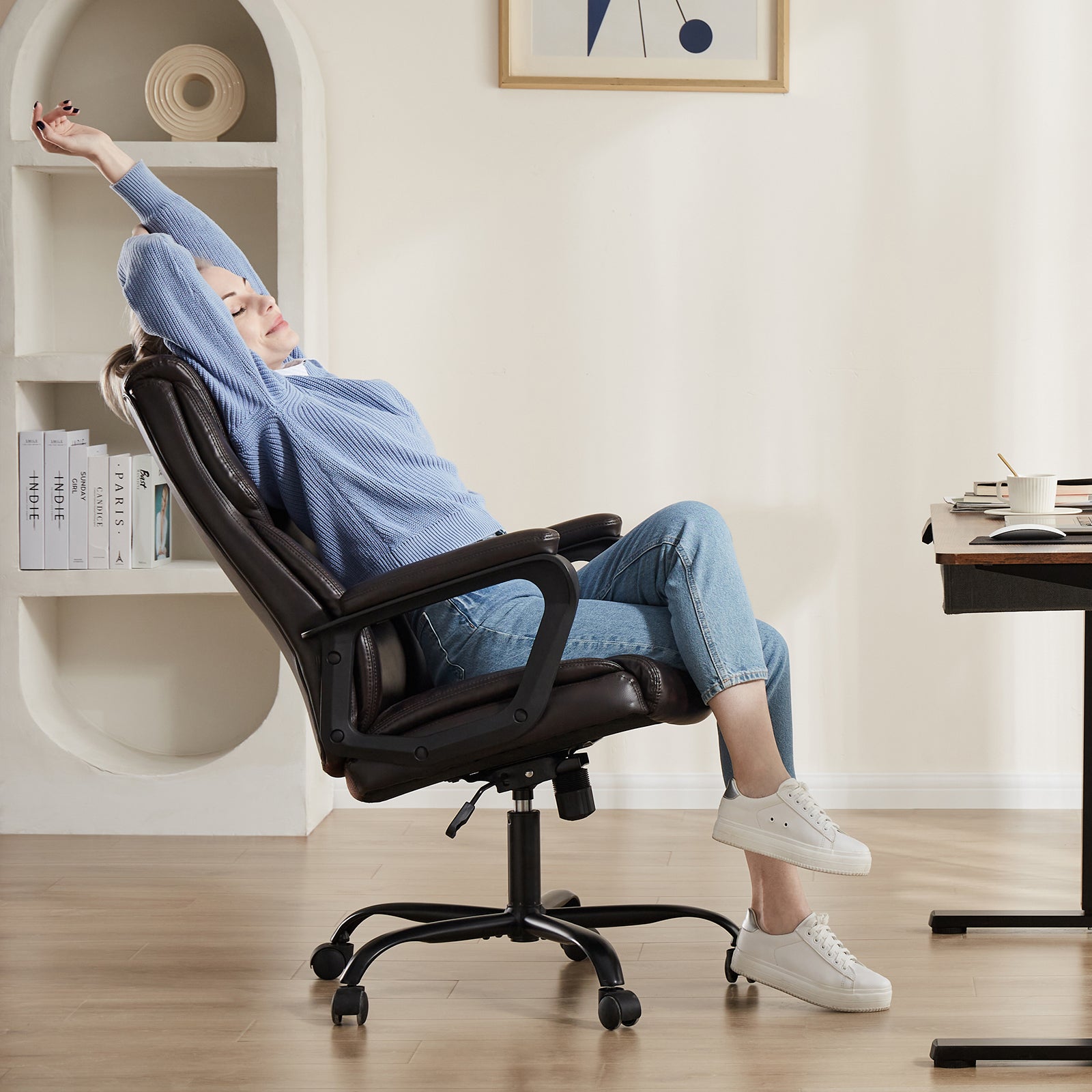 Sweetcrispy Home Office Chair Ergonomic Pu Leather Desk Chair With Armrests Gray Pu Leather