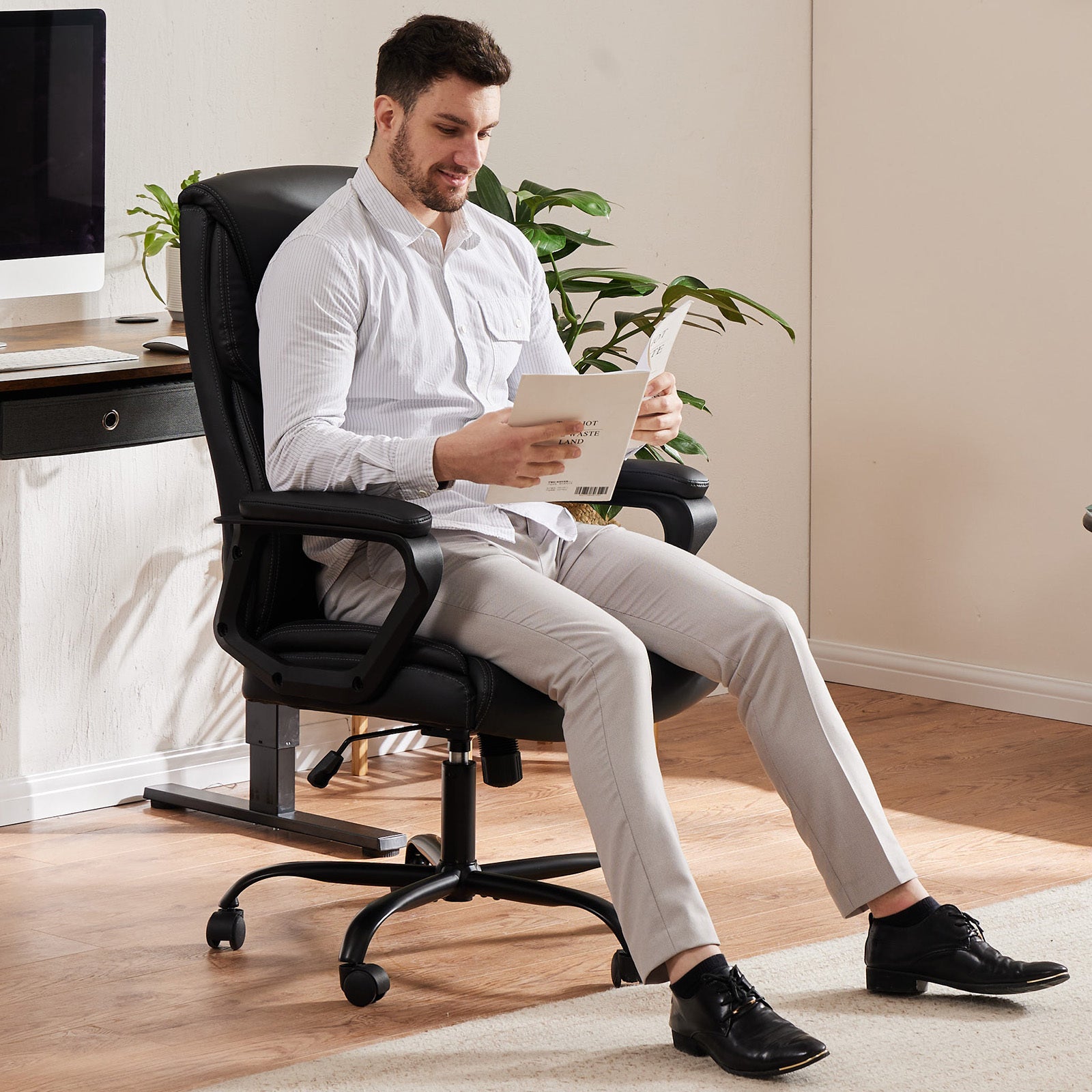 Sweetcrispy Home Office Chair Ergonomic Pu Leather Desk Chair With Armrests Black Pu Leather