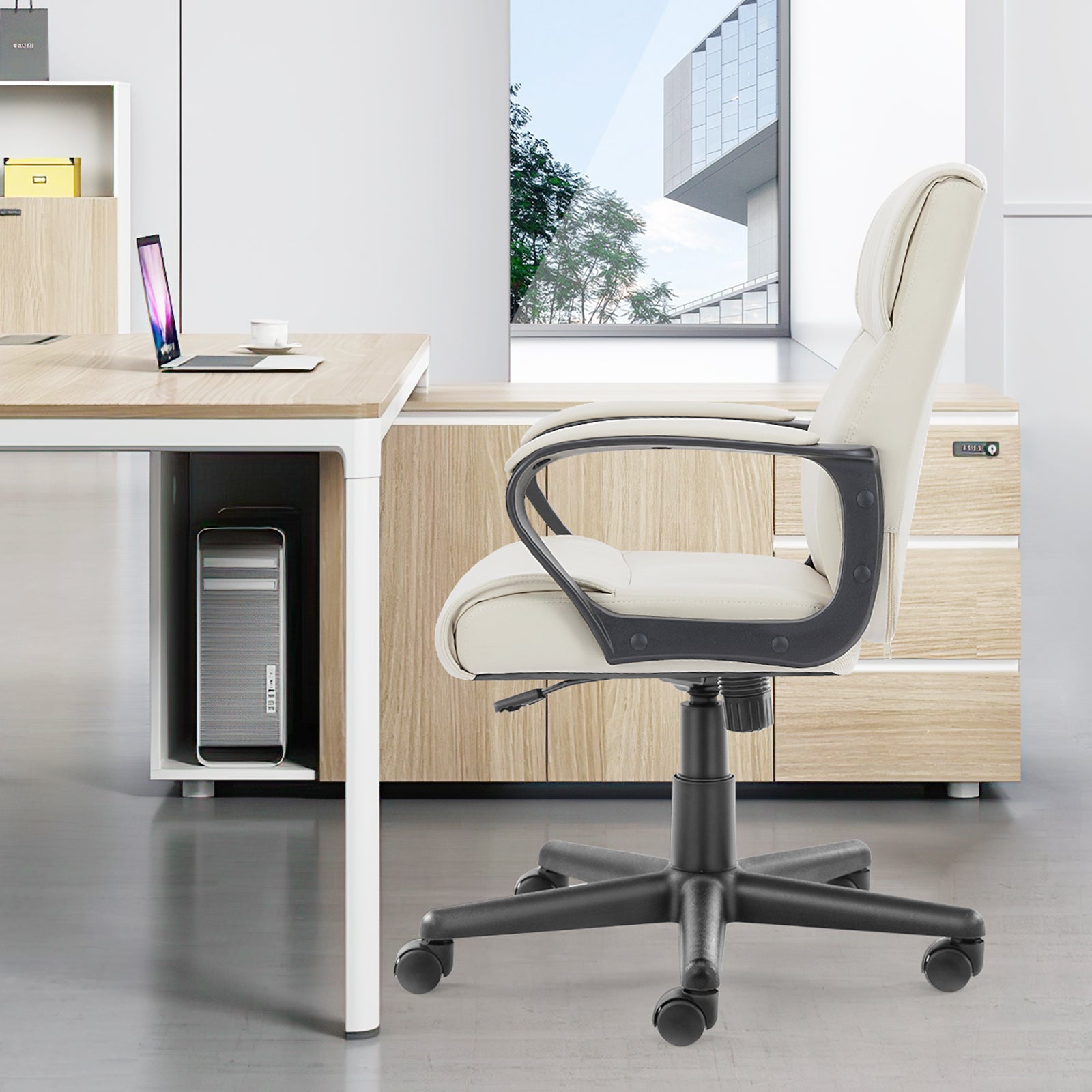 Sweetcrispy Mid Back Office Desk Chair With Padded Armrests Pu Leather Home Office Chair Gray Pu Leather
