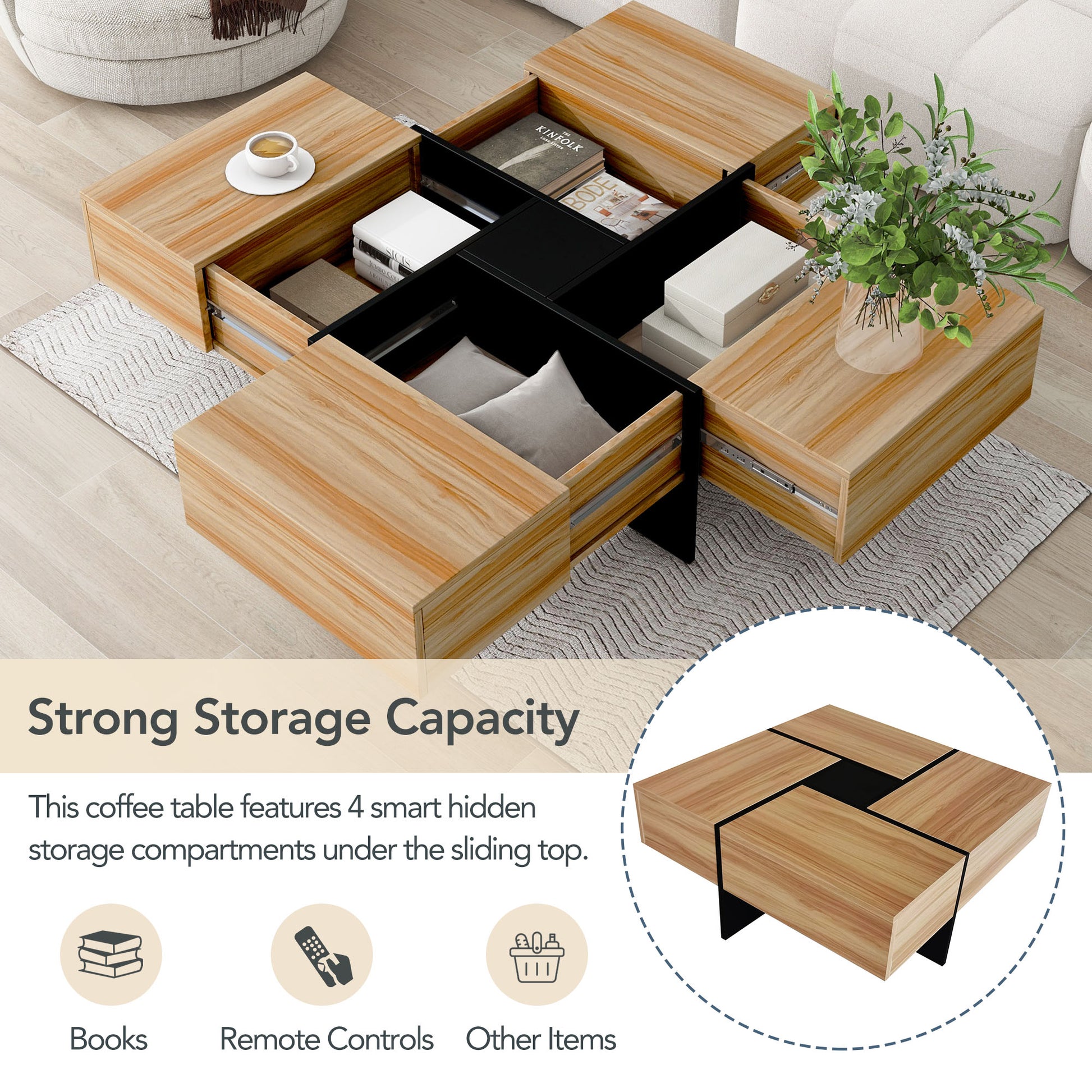 Unique Design Coffee Table With 4 Hidden Storage Compartments, Square Cocktail Table With Extendable Sliding Tabletop, Uv High Gloss Design Center Table For Living Room, 31.5"X 31.5" Brown Soft Close Drawers Primary Living Space Freestanding Square
