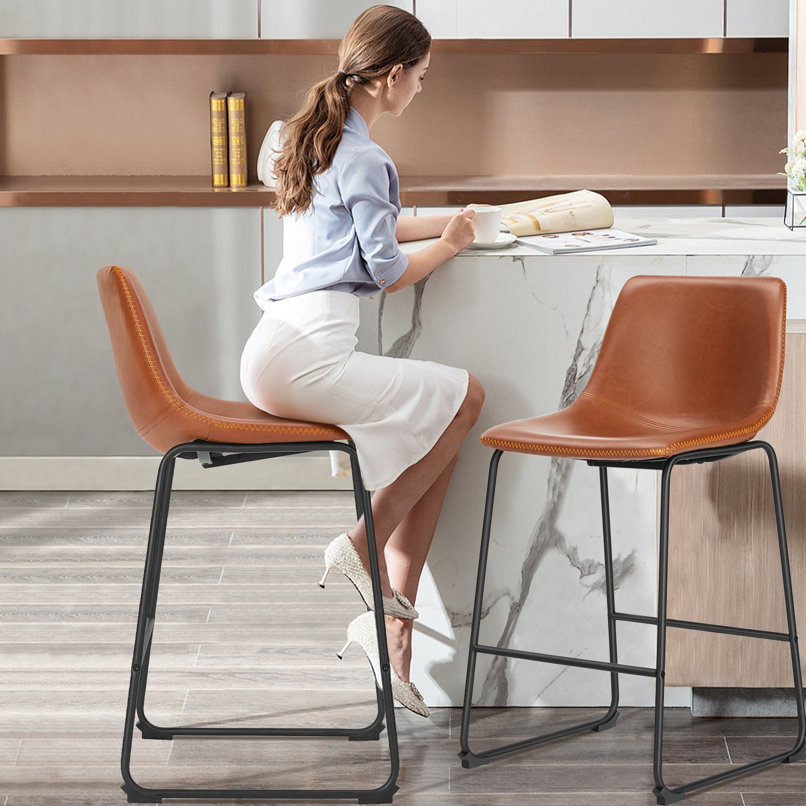 Sweetcrispy 26 Inch Counter Height Bar Stools Set Of 2 Leather Barstool With Back And Metal Leg Modern Bar Stools For Kitchen Island Pub Living Room Brown Pu