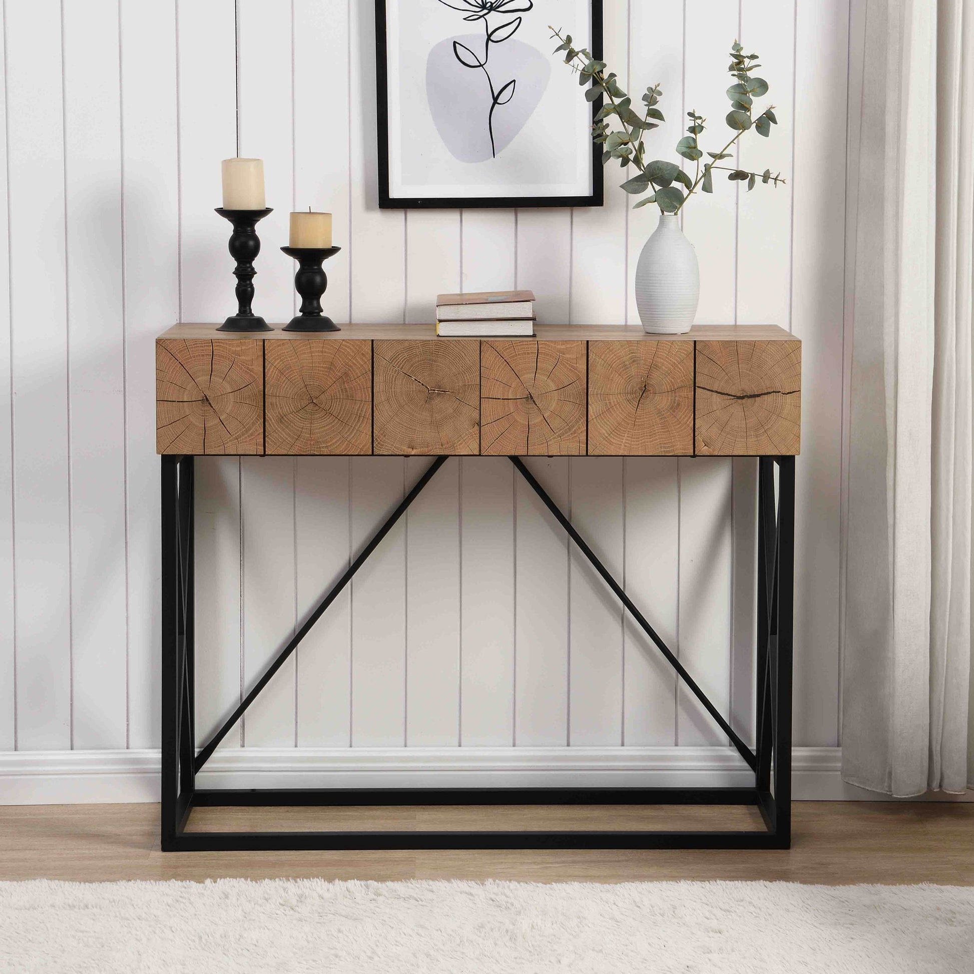 43.31'' Luxury Wood Sofa Table, Industrial Console Table For Entryway, Hallway Tables With Two Drawers For Living Room Natural Mdf Iron