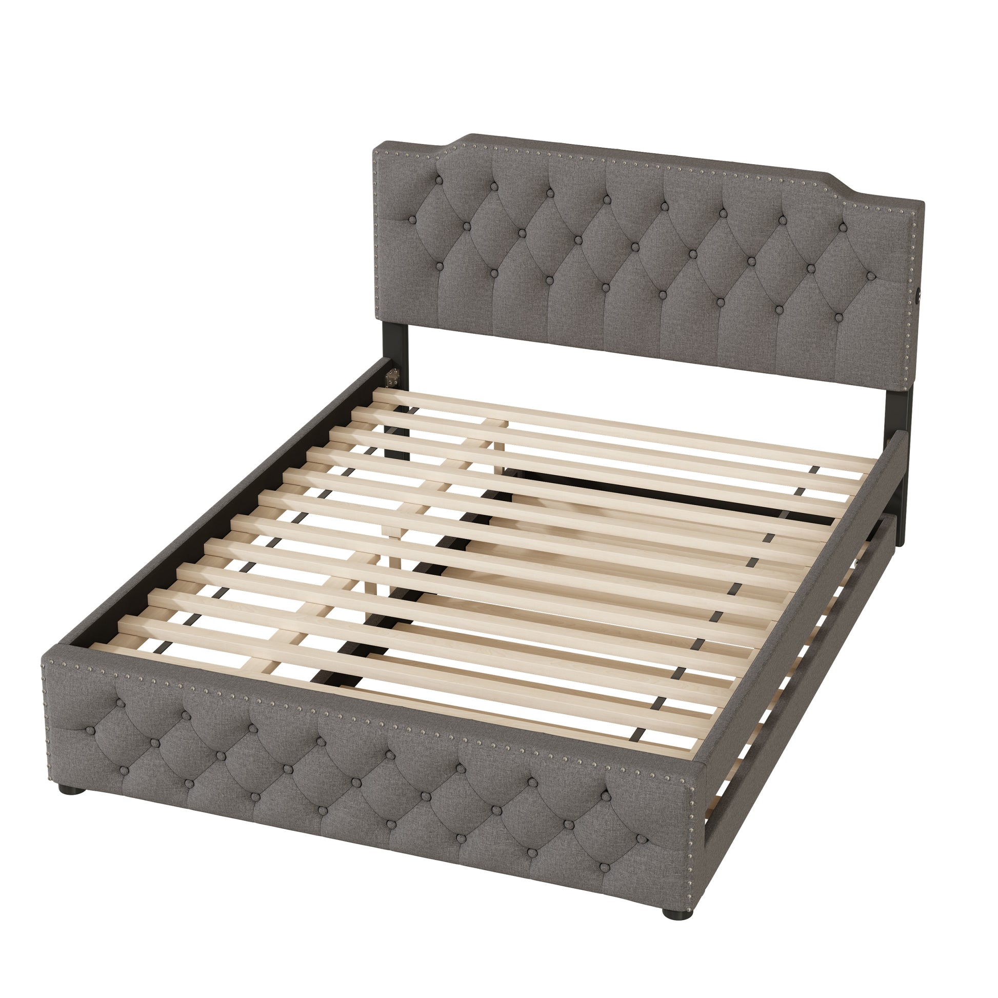 Queen Size Upholstered Platform Bed With Twin Size Trundle And 2 Sets Of Usb Ports On Each Side, Linen Fabric, Gray Queen Gray Linen