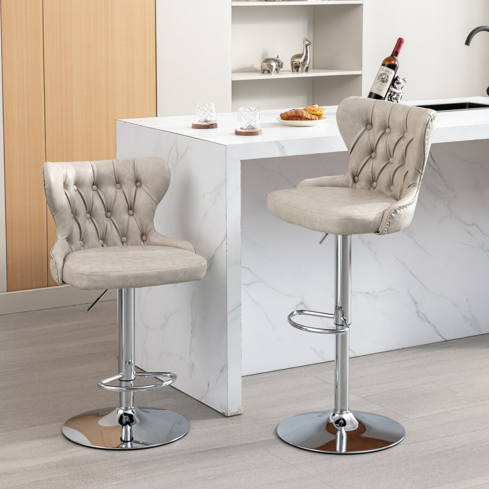 Swivel Pu Barstools Adjusatble Seat Height From 25 33 Inch, Modern Upholstered Chrome Base Bar Stools With Backs Comfortable Tufted For Home Pub And Kitchen Island,Olive Green, Sw1844Bg Beige Dining Room American Design Foam Pu Leather