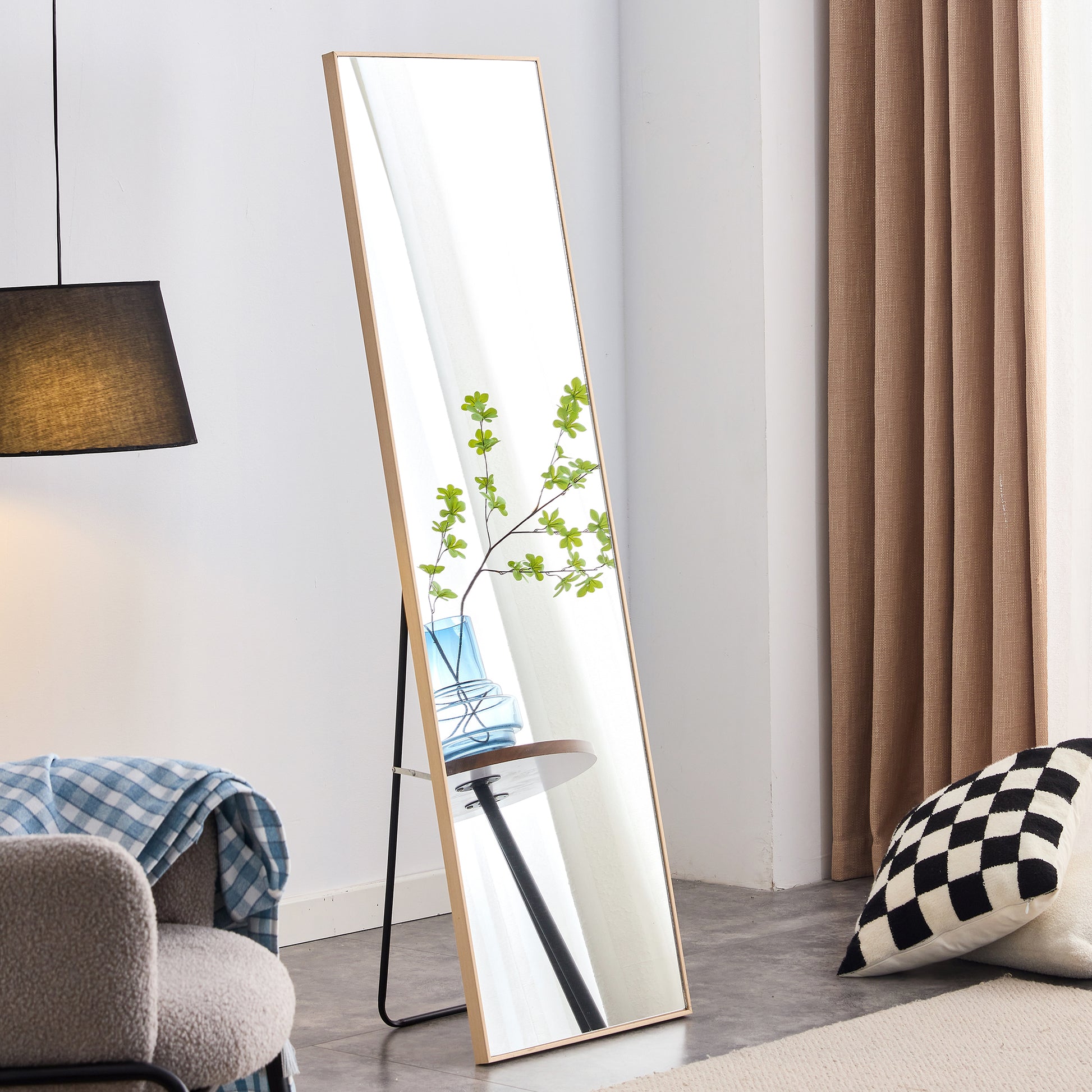 The3Rd Generation Packaging Upgrade Includes A Light Oak Solid Wood Frame Full Length Mirror, Dressing Mirror, Bedroom Entrance, Decorative Mirror, Clothing Store, And Floor Mounted Mirror. 60" *17.3" Light Oak Glass