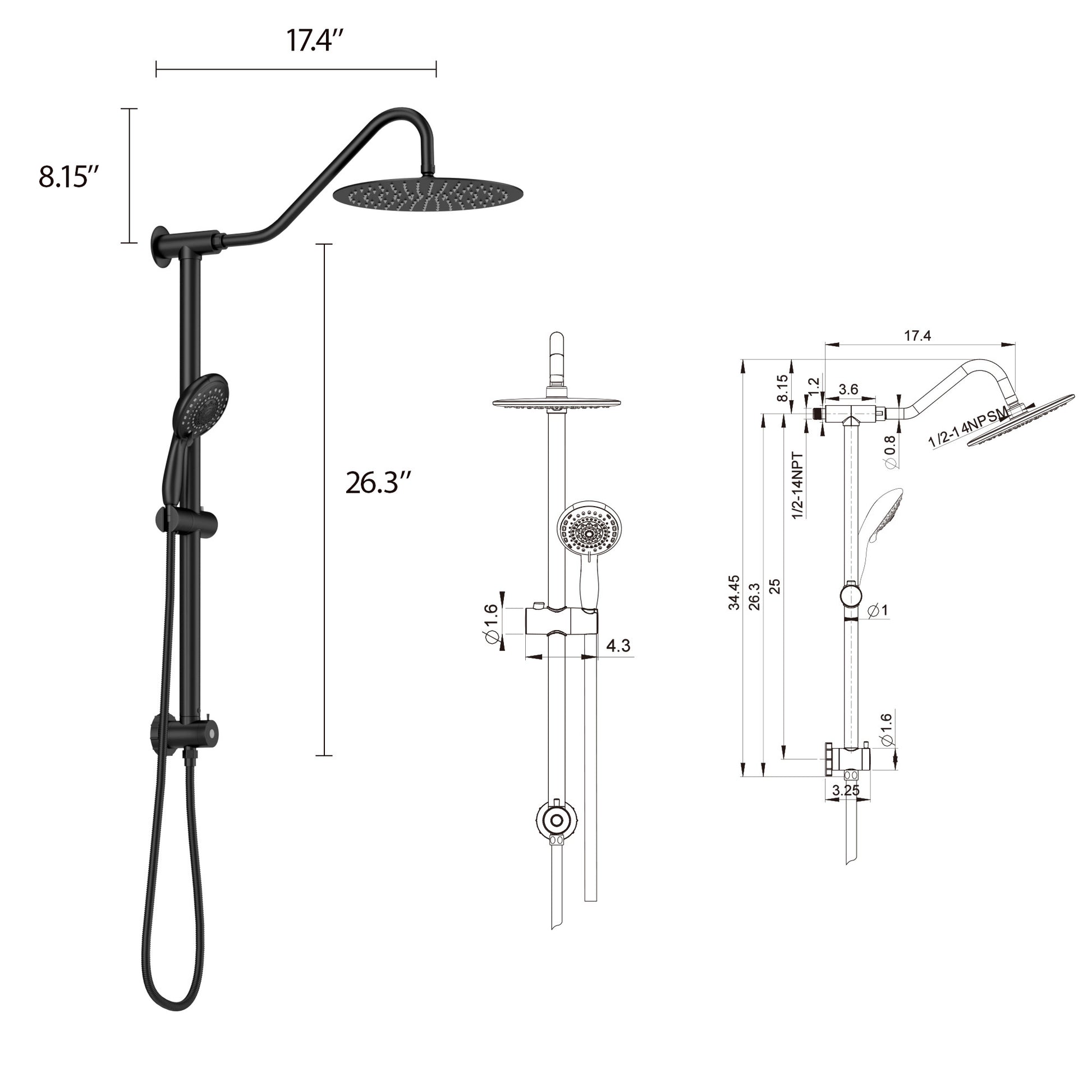 10 Inch Shower System With 5 Function Rain Hand Shower, 26.3" Slide Bar Shower Head Combo, Matte Black Matte Black Metal