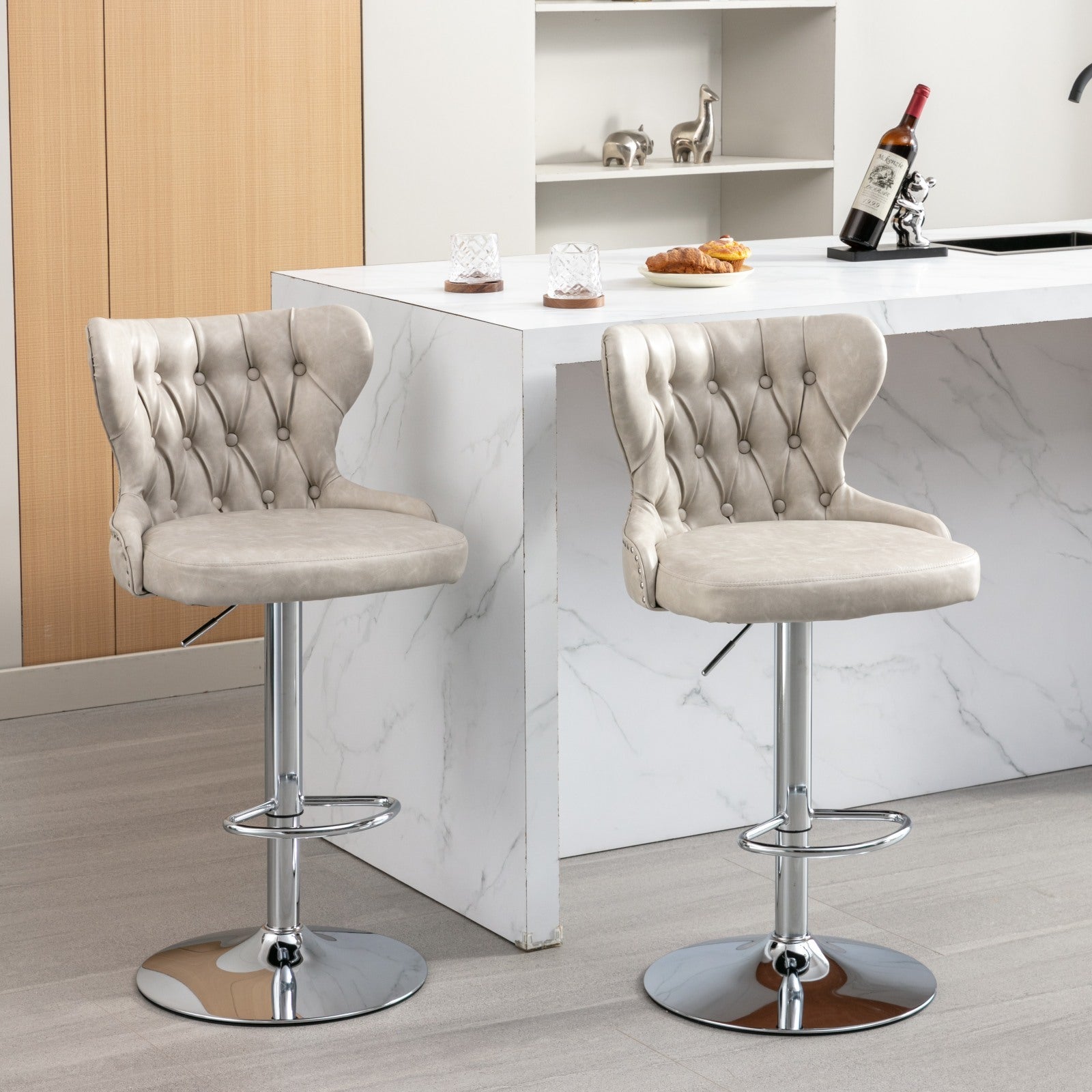 Swivel Pu Barstools Adjusatble Seat Height From 25 33 Inch, Modern Upholstered Chrome Base Bar Stools With Backs Comfortable Tufted For Home Pub And Kitchen Island,Olive Green, Sw1844Bg Beige Dining Room American Design Foam Pu Leather