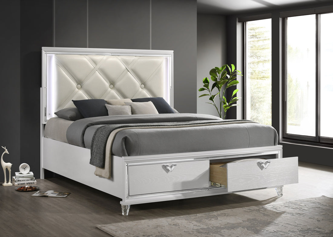 Prism Modern Style King Bed With Led Accents & V Shaped Handles Box Spring Not Required King Silver Wood Bedroom Contemporary,Modern Wood