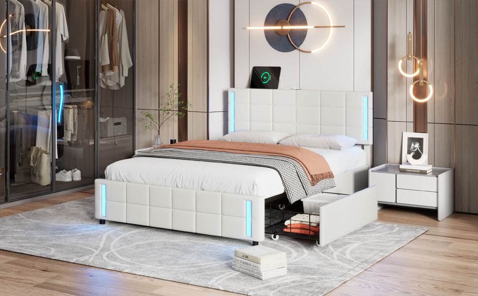 Queen Size Upholstered Platform Bed With Led Lights And Usb Charging, Storage Bed With 4 Drawers, White White Pu