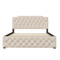 Queen Size Upholstered Platform Bed With Twin Size Trundle And 2 Sets Of Usb Ports On Each Side, Linen Fabric, Beige Queen Beige Linen