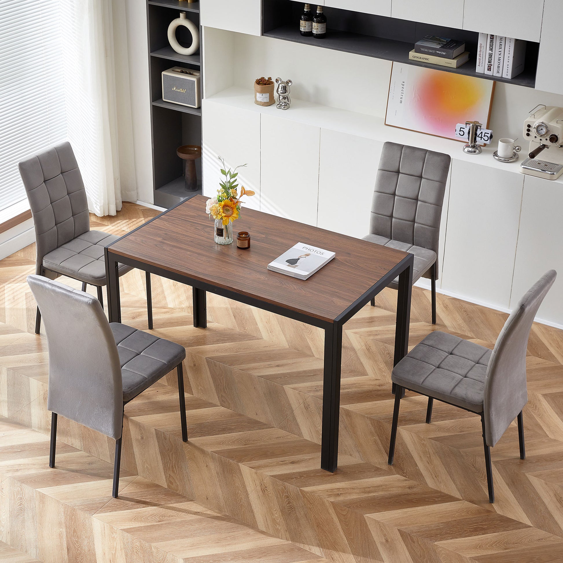 Grey Velvet High Back Nordic Dining Chair Modern Fabric Chair With Black Legs, Set Of 4 Metal Plaid Grey Dining Room Powder Coated Foam Dry Clean Modern Dining Chairs Solid Back Foam Velvet