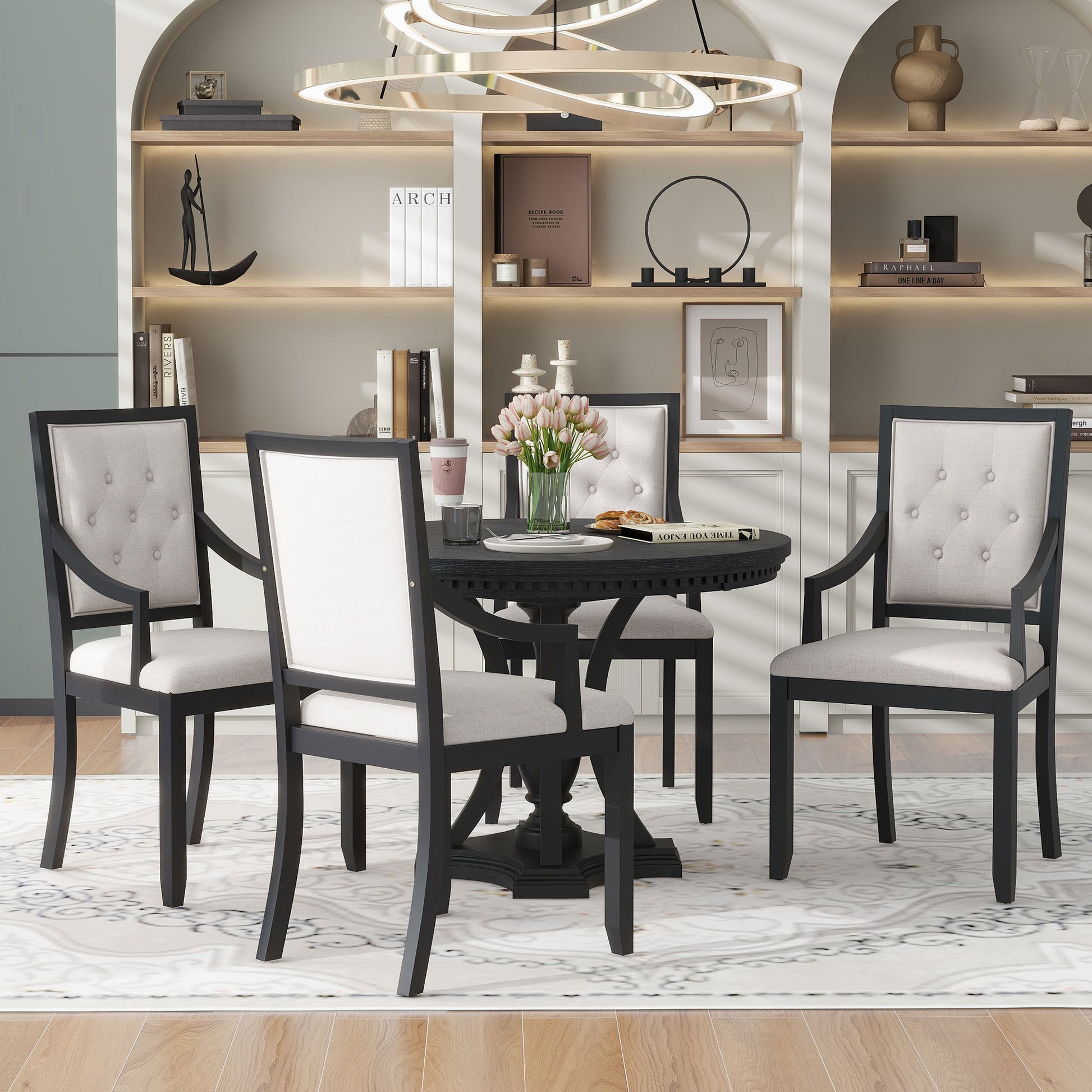 Retro 5 Piece Dining Set Extendable Round Table And 4 Chairs For Kitchen Dining Room Black Oak Black Mdf