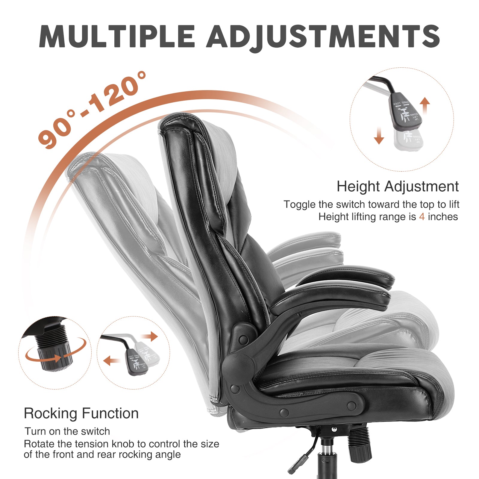 Sweetcrispy Executive Office Pu Leather Desk Chair High Back Flip Up Armrest Adjustable Ergonomic Home Office Chair Black Pu Leather