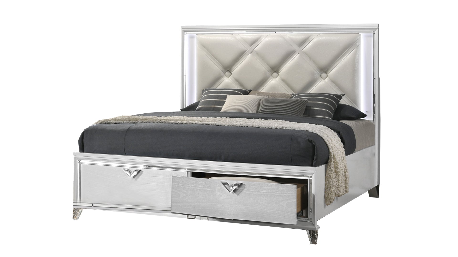 Prism Modern Style King 4Pc Bedroom Set With Led Accents & V Shaped Handles King Box Spring Not Required Silver Wood 4 Piece Set Bedroom Bed Included,Dresser Included,Mirror Included,Nightstand Included Contemporary,Modern Built In Lighting Wood