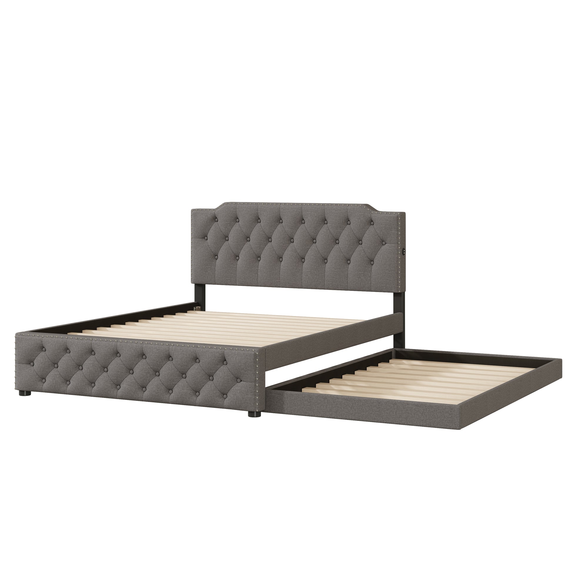 Queen Size Upholstered Platform Bed With Twin Size Trundle And 2 Sets Of Usb Ports On Each Side, Linen Fabric, Gray Queen Gray Linen
