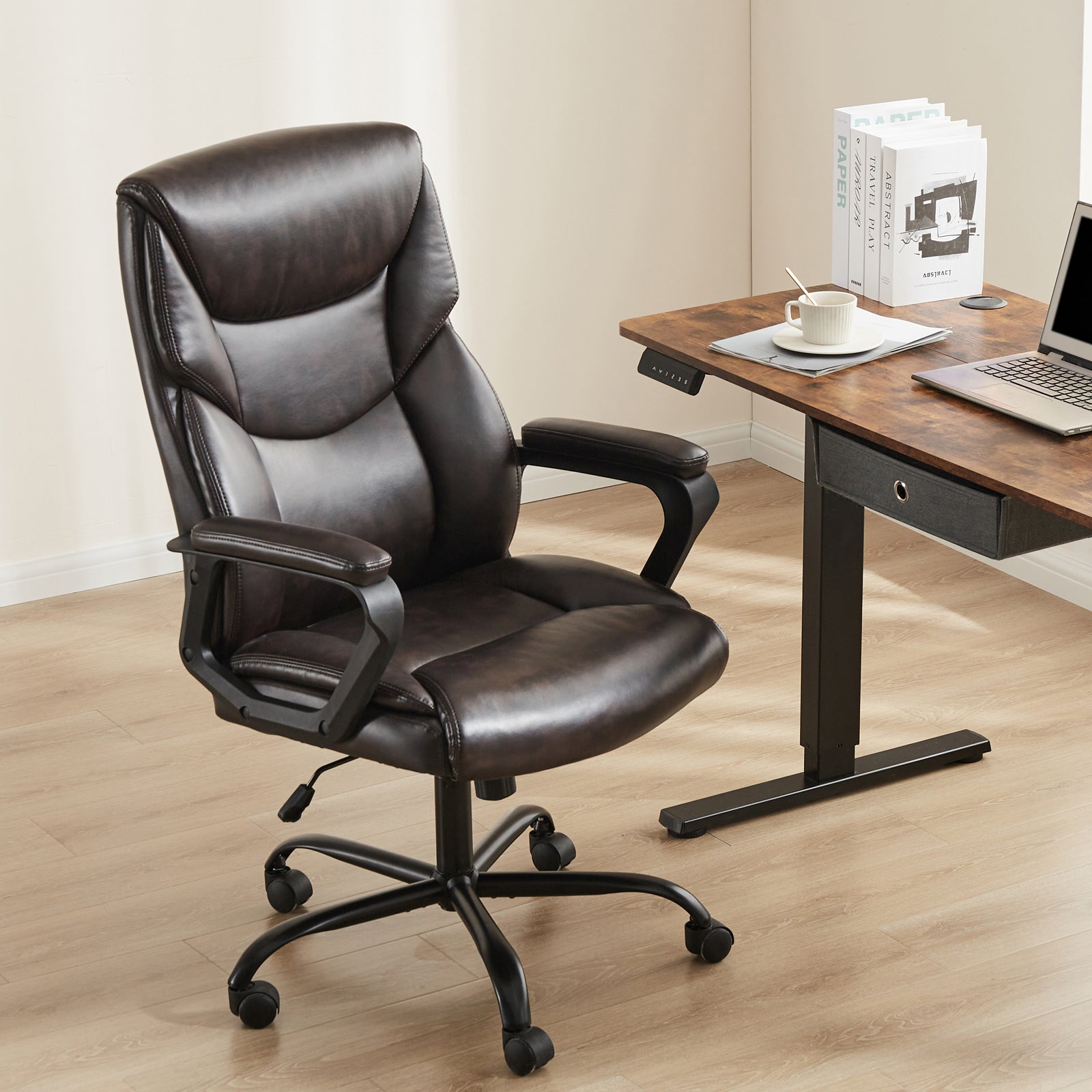 Sweetcrispy Home Office Chair Ergonomic Pu Leather Desk Chair With Armrests Gray Pu Leather