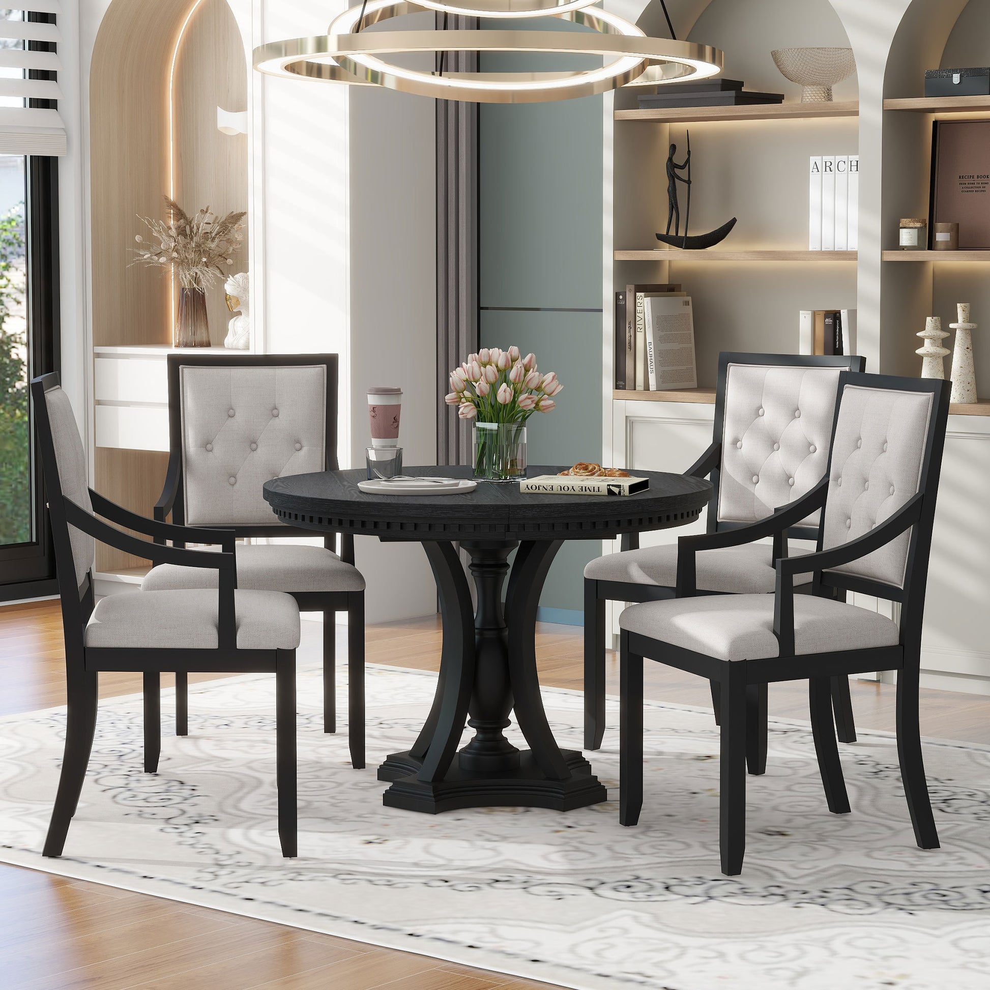 Retro 5 Piece Dining Set Extendable Round Table And 4 Chairs For Kitchen Dining Room Black Oak Black Mdf