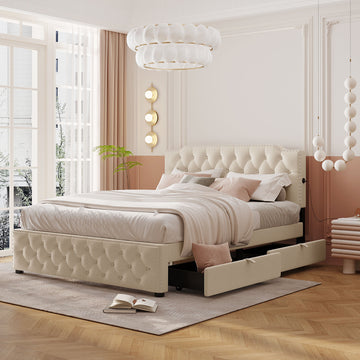 Queen Size Upholstered Platform Bed With 2 Drawers And 2 Sets Of Usb Ports On Each Side, Linen Fabric, Beige Beige Linen