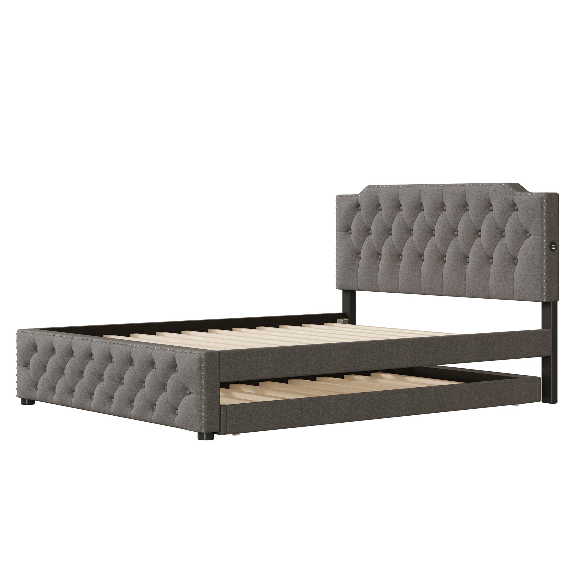 Queen Size Upholstered Platform Bed With Twin Size Trundle And 2 Sets Of Usb Ports On Each Side, Linen Fabric, Gray Queen Gray Linen