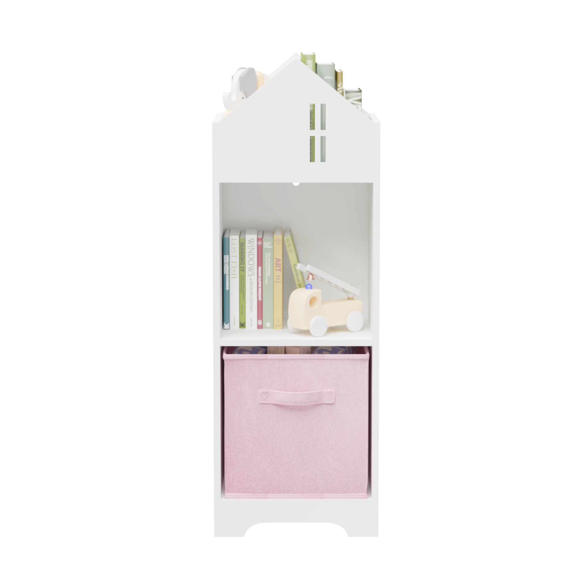 Kids Dollhouse Bookcase With Storage, 2 Tier Storage Display Organizer, Toddler Bookshelf With Collapsible Fabric Drawers For Bedroom Or Playroom White Pink White Pink Mdf