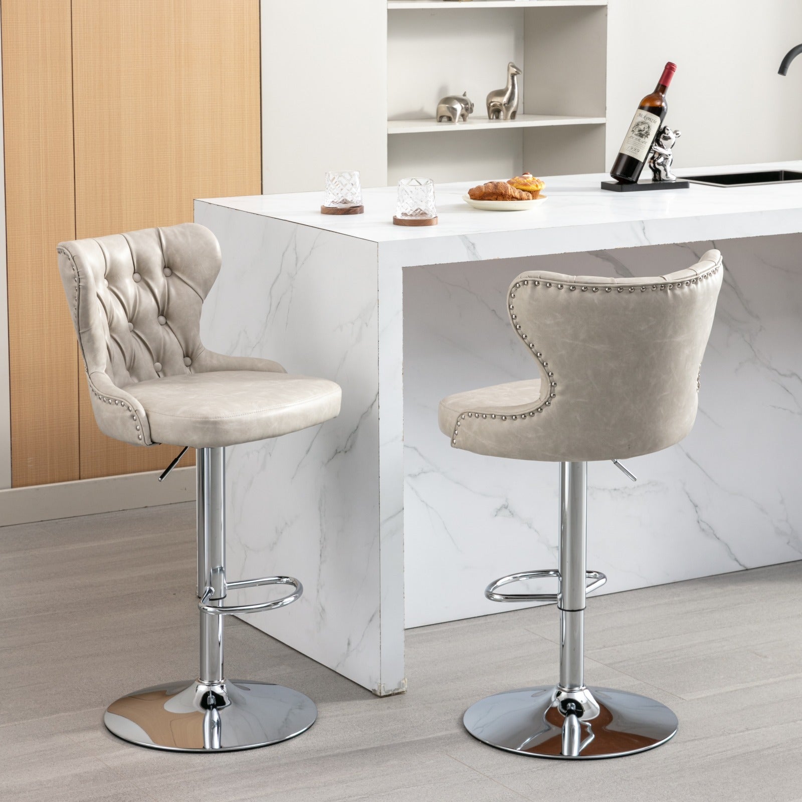 Swivel Pu Barstools Adjusatble Seat Height From 25 33 Inch, Modern Upholstered Chrome Base Bar Stools With Backs Comfortable Tufted For Home Pub And Kitchen Island,Olive Green, Sw1844Bg Beige Dining Room American Design Foam Pu Leather