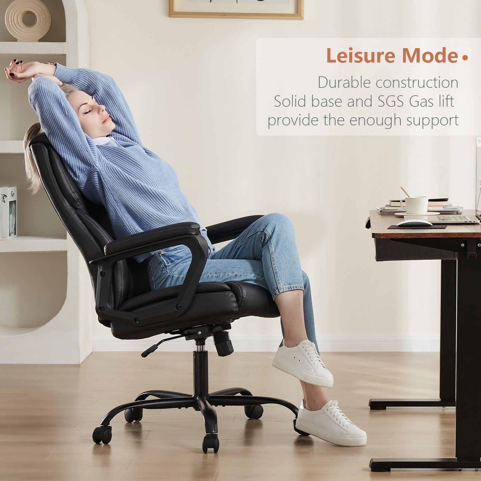 Sweetcrispy Home Office Chair Ergonomic Pu Leather Desk Chair With Armrests Black Pu Leather