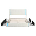 Queen Size Upholstered Platform Bed With Led Lights And Usb Charging, Storage Bed With 4 Drawers, White White Pu