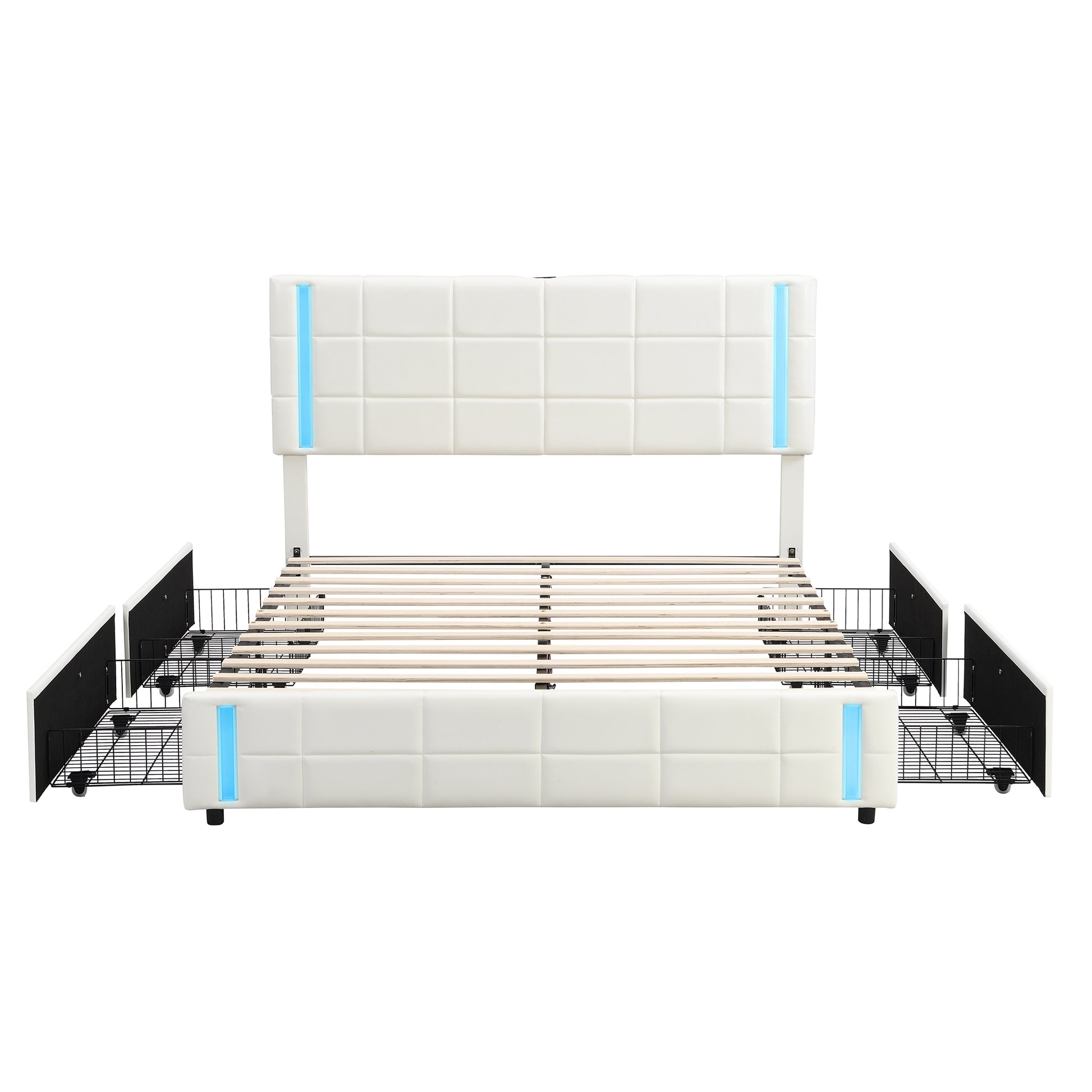 Queen Size Upholstered Platform Bed With Led Lights And Usb Charging, Storage Bed With 4 Drawers, White White Pu