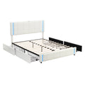 Queen Size Upholstered Platform Bed With Led Lights And Usb Charging, Storage Bed With 4 Drawers, White White Pu