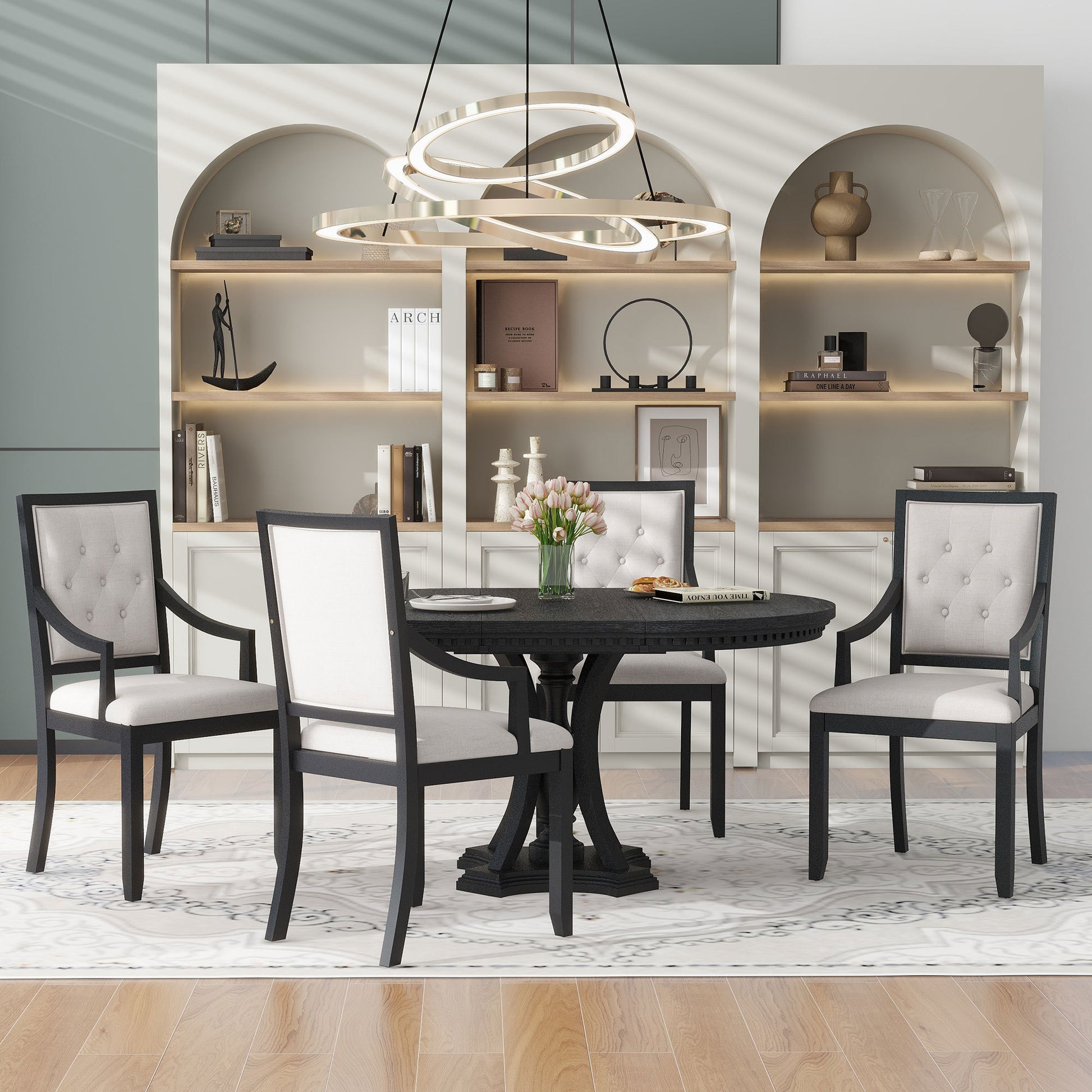 Retro 5 Piece Dining Set Extendable Round Table And 4 Chairs For Kitchen Dining Room Black Oak Black Mdf