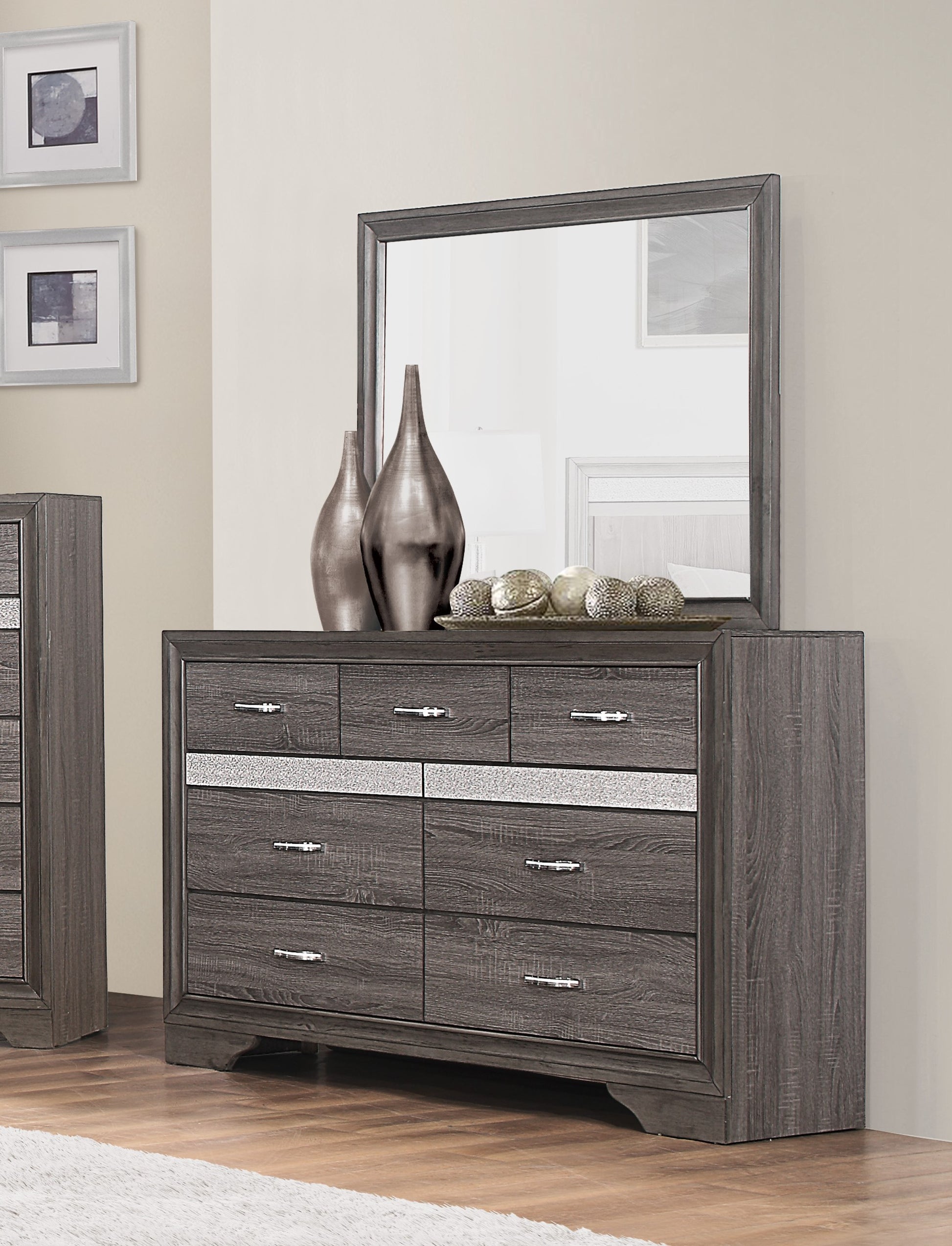 Unique Style Bedroom 1Pc Dresser Of Drawers Hidden Drawers Gray And Sliver Glitter Wooden Furniture Multicolor Bedroom Glam Wood