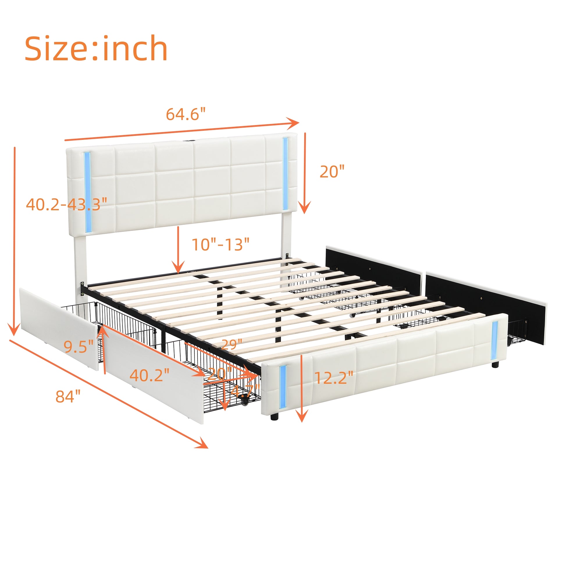 Queen Size Upholstered Platform Bed With Led Lights And Usb Charging, Storage Bed With 4 Drawers, White White Pu