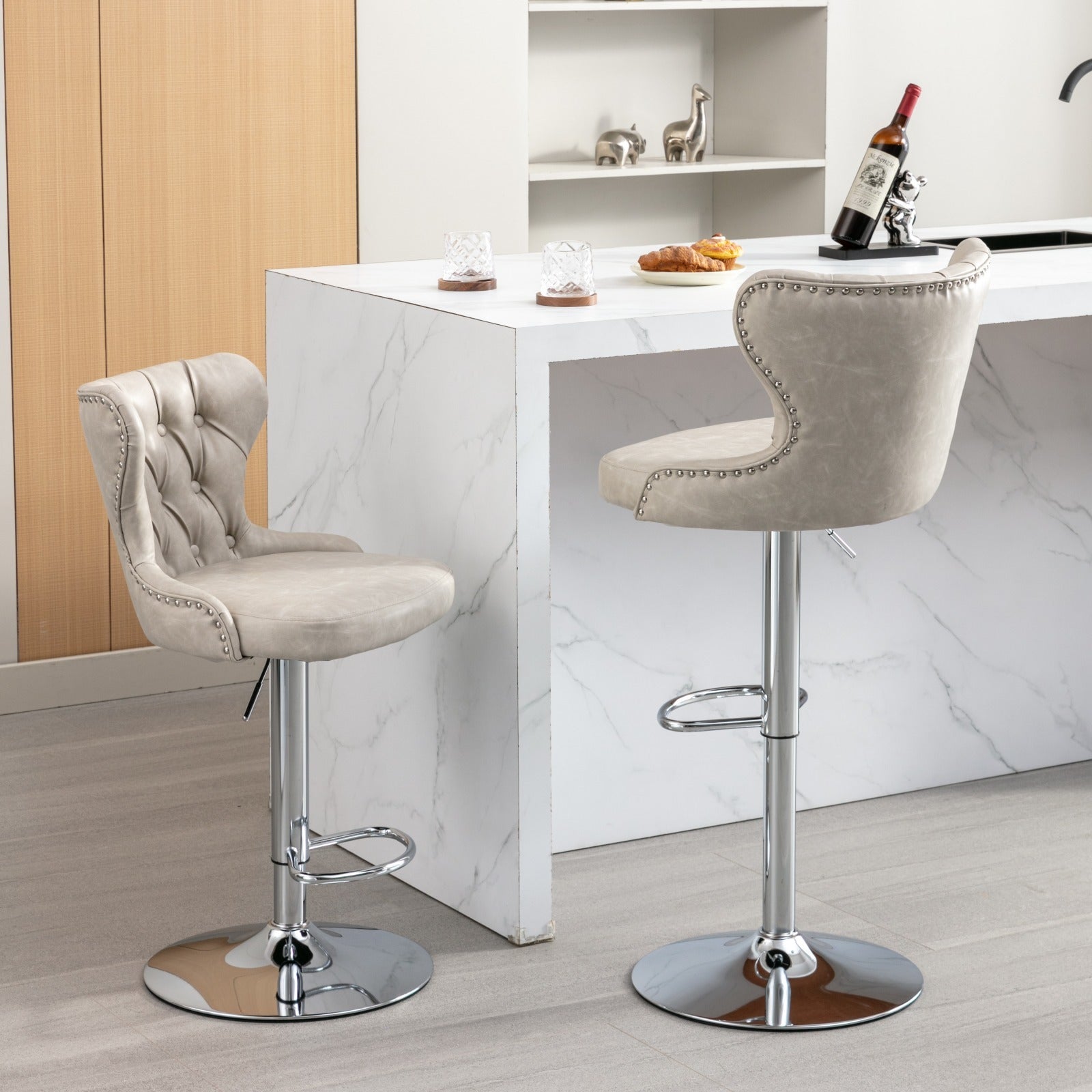 Swivel Pu Barstools Adjusatble Seat Height From 25 33 Inch, Modern Upholstered Chrome Base Bar Stools With Backs Comfortable Tufted For Home Pub And Kitchen Island,Olive Green, Sw1844Bg Beige Dining Room American Design Foam Pu Leather