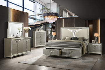 Samantha Modern Style King 5Pc Bedroom Set Made With Wood & Led Headboard Box Spring Not Required King Silver Wood 5 Piece Set Bedroom Bed Included,Chest Included,Dresser Included,Mirror Included,Nightstand Included Contemporary,Modern Upholstered Wood