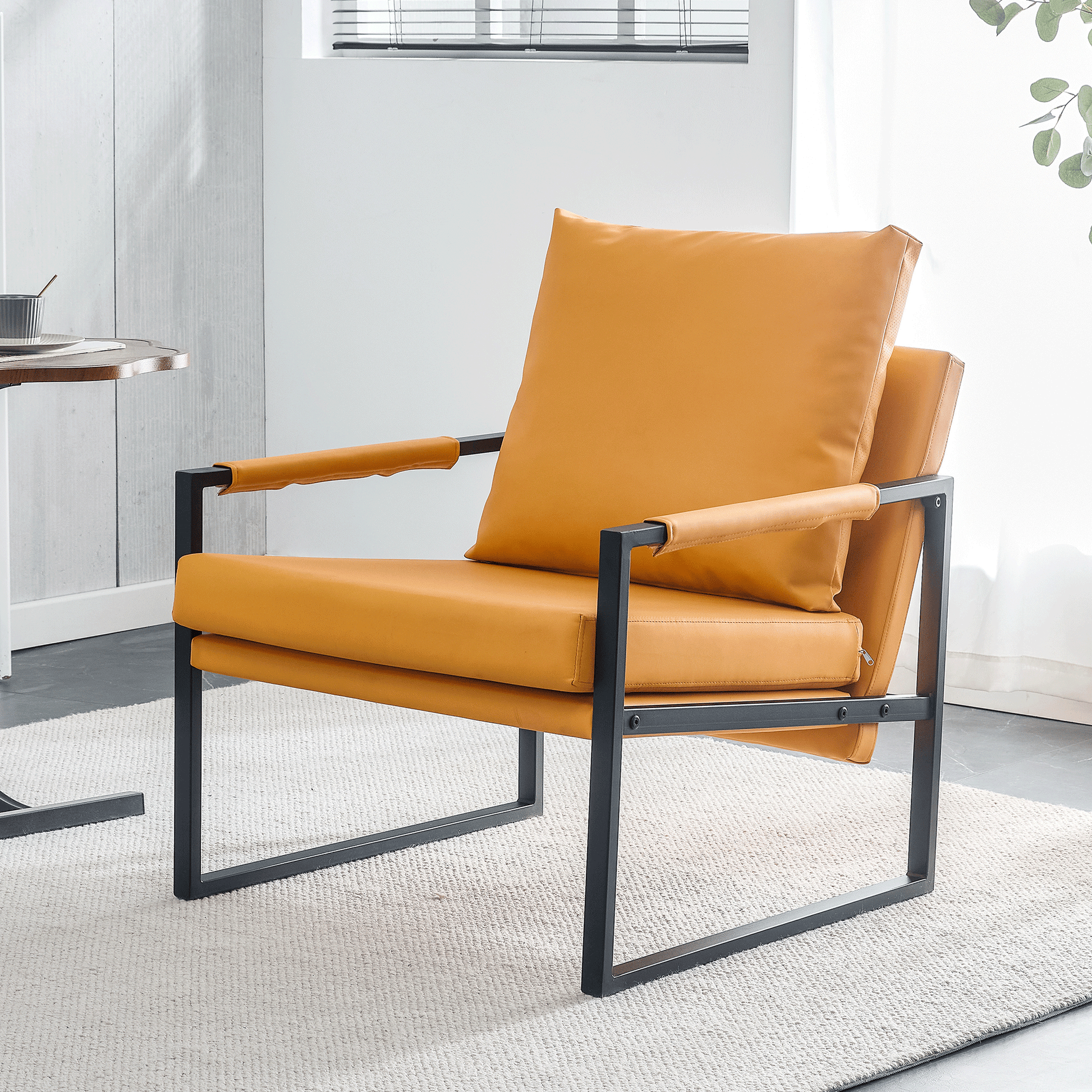 Pu Leather Accent Arm Chair Mid Century Upholstered Armchair With Metal Frame Extra Thick Padded Backrest And Seat Cushion Sofa Chairs For Living Room Orange Pu Leather Metal Frame Foam Sf 008 Orange Pu