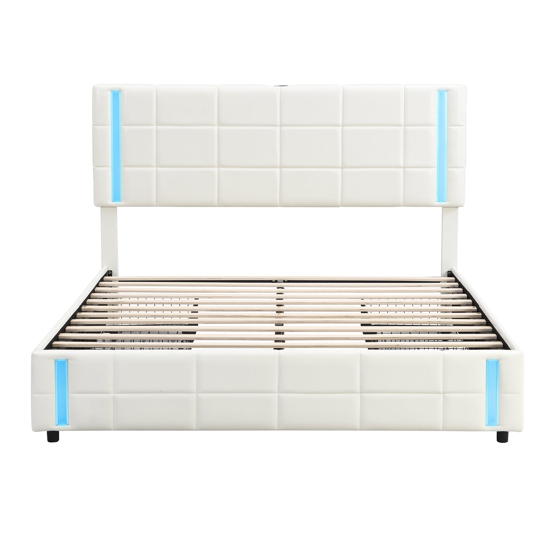 Queen Size Upholstered Platform Bed With Led Lights And Usb Charging, Storage Bed With 4 Drawers, White White Pu