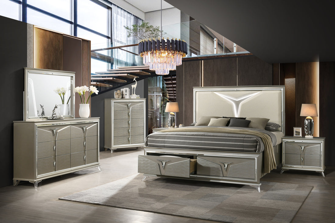 Samantha Modern Style Queen 5Pc Bedroom Set Made With Wood & Led Headboard Box Spring Not Required Queen Silver Wood 5 Piece Set Bedroom Bed Included,Chest Included,Dresser Included,Mirror Included,Nightstand Included Contemporary,Modern Upholstered Wood